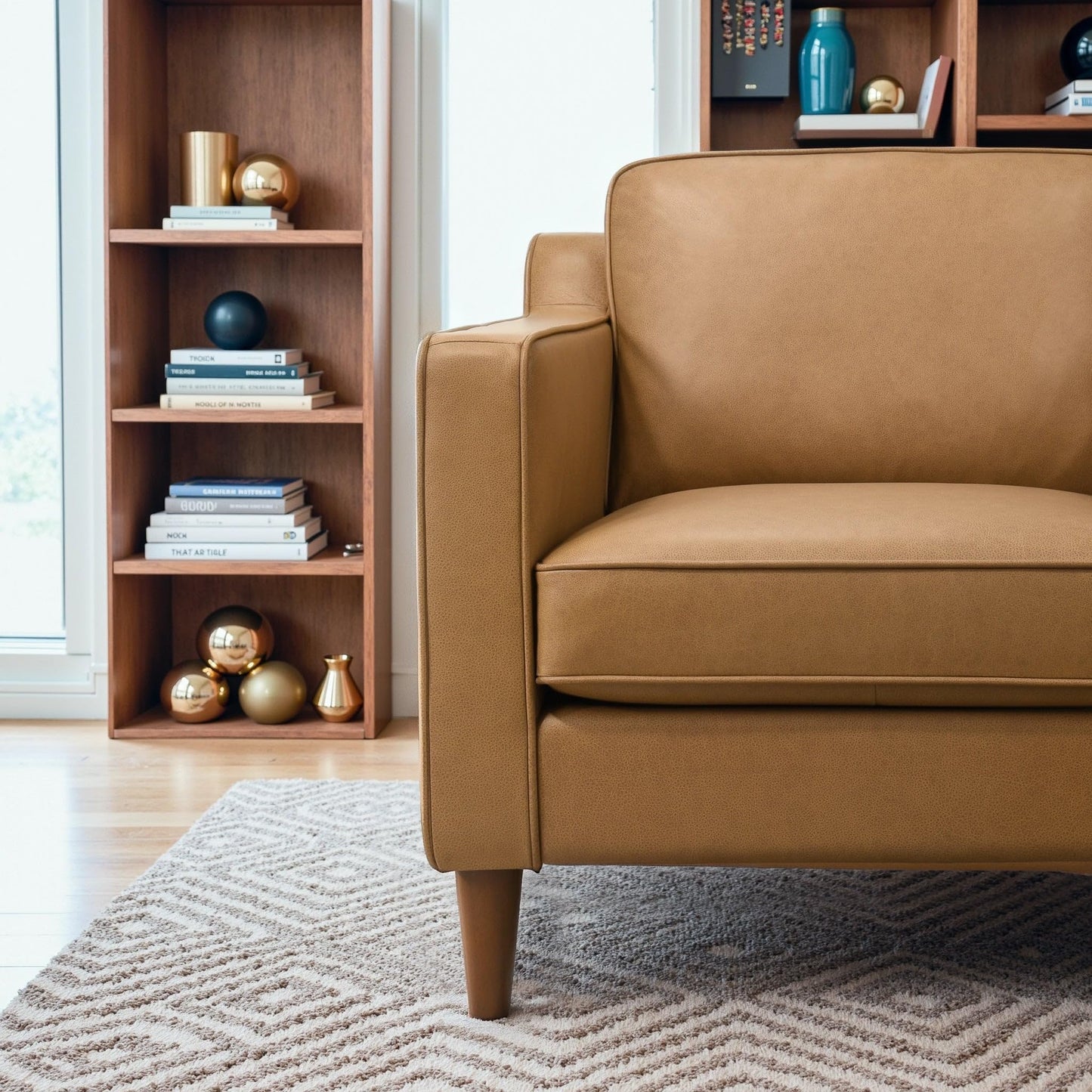 GDFStudio Cooper 32.7" Mid-Century Modern Genuine Leather Accent Chair, Top Grain Buffalo Leather Lounge Chair with Track Armrests & Walnut-Finished Legs for Living Room Bedroom Reading Room, Tan