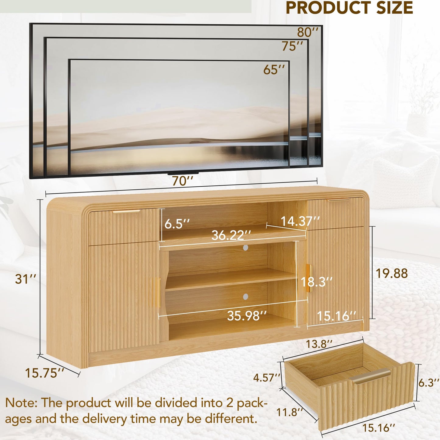 Decofy 70" Fluted TV Stand, Entertainment Center for 80" TVs, Mid Century Modern TV Console Cabinet with Wavy Grain Doors & Adjustable Shelves, Modern Media TV Console Table for Living Room (Oak)