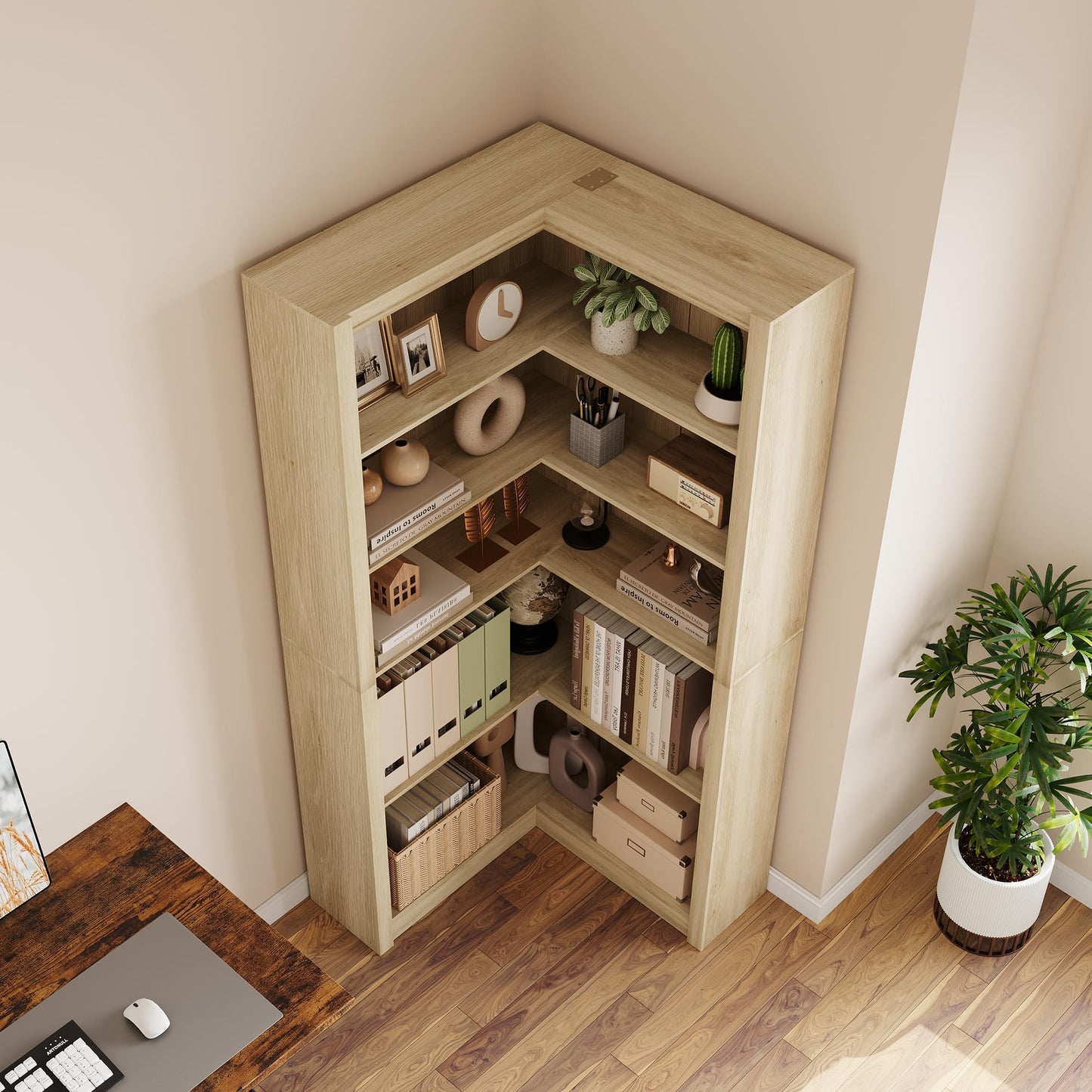GarveeHome Corner Bookshelf, 71.8 in Farmhouse Corner Bookcase, L-Shaped Bookshelf Large Bookcase, 5 Tier Display Shelf Heavy Duty Bookcases, Bookshelves with Storage (Light Wood)