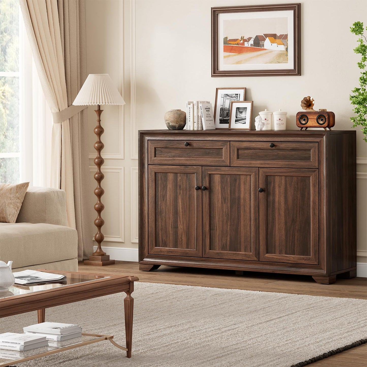 48 Inches Buffet Cabinet with Storage, Farmhouse Sideboard Buffet w/2 Drawers and 3 Doors, Wood Coffee Bar Cabinet with Adjustable Shelves, Kitchen Storage Cabinet for Dining Room/Living Room, Brown