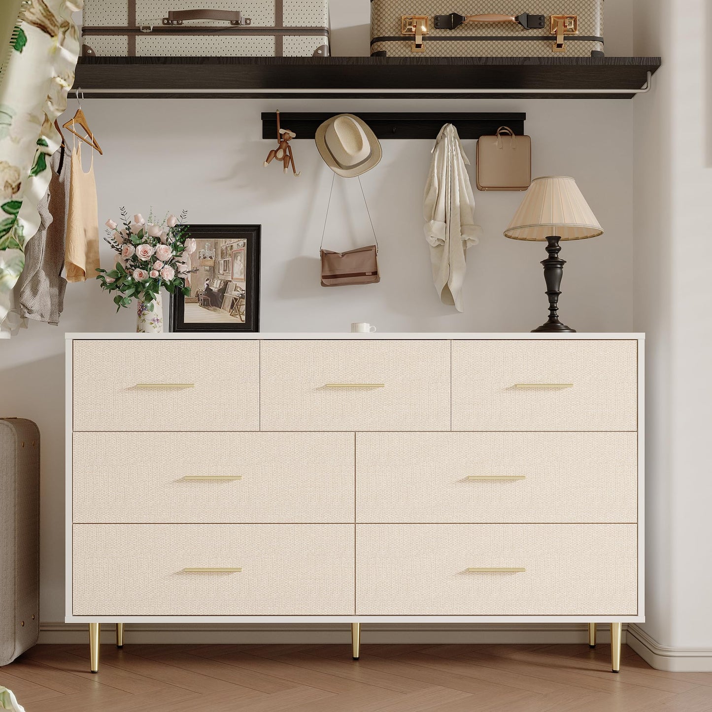 Garvee White Dresser, Modern 7 Drawer Dresser for Bedroom with Gold Handle and Legs, Wooden Nightstand with Linen-Textured Surface, Narrow Accent Cabinet End Table for Living Room, Hallway, Entryway