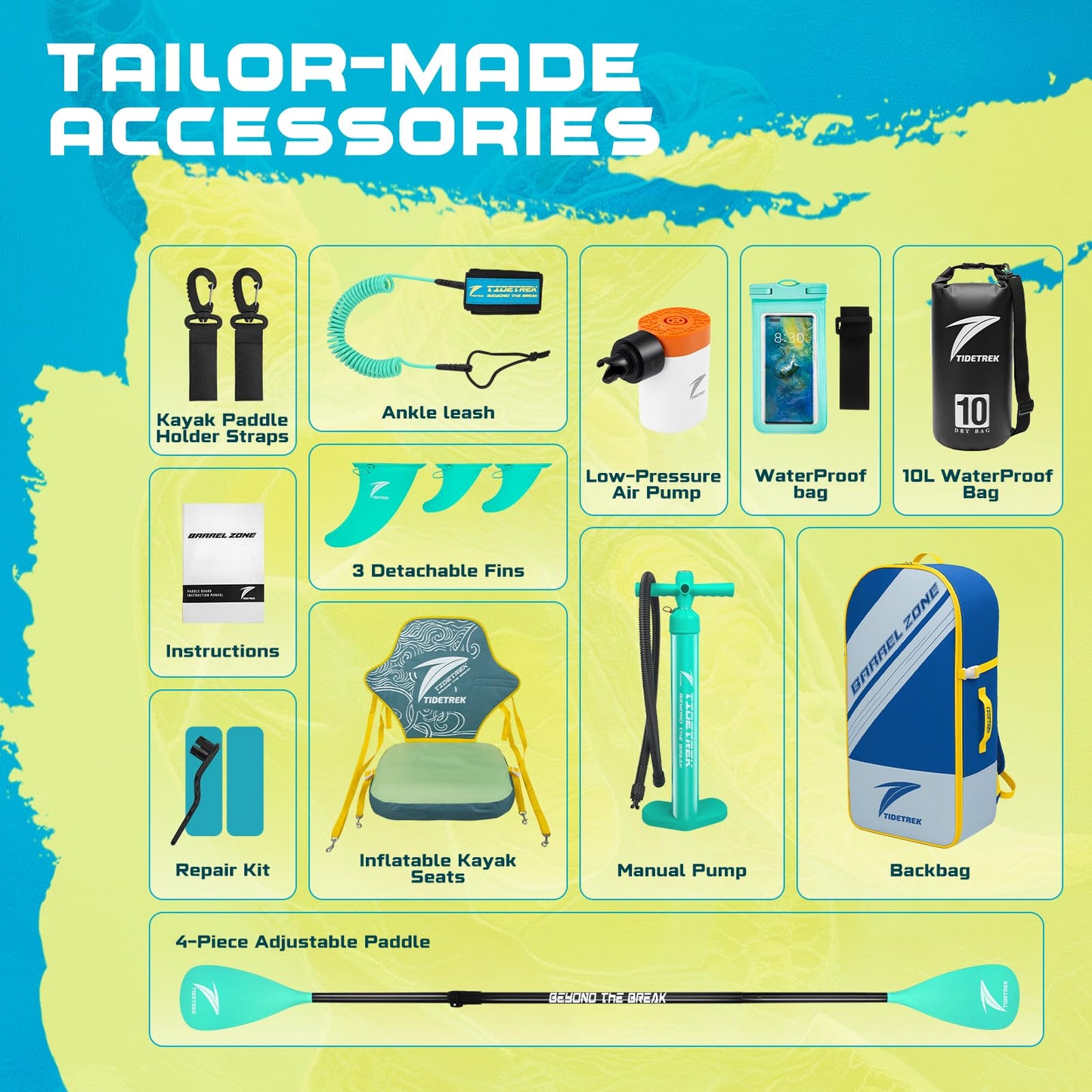 TIDETREK 11'/11'6" x 33"/34" x 6" Inflatable SUP Paddle Board – Extra-Wide, Stable Stand Up Paddle Board with Premium Full Accessory Set for Adults & Youth (Blue Turtle/Kayak Seat, 11'x33 x6)