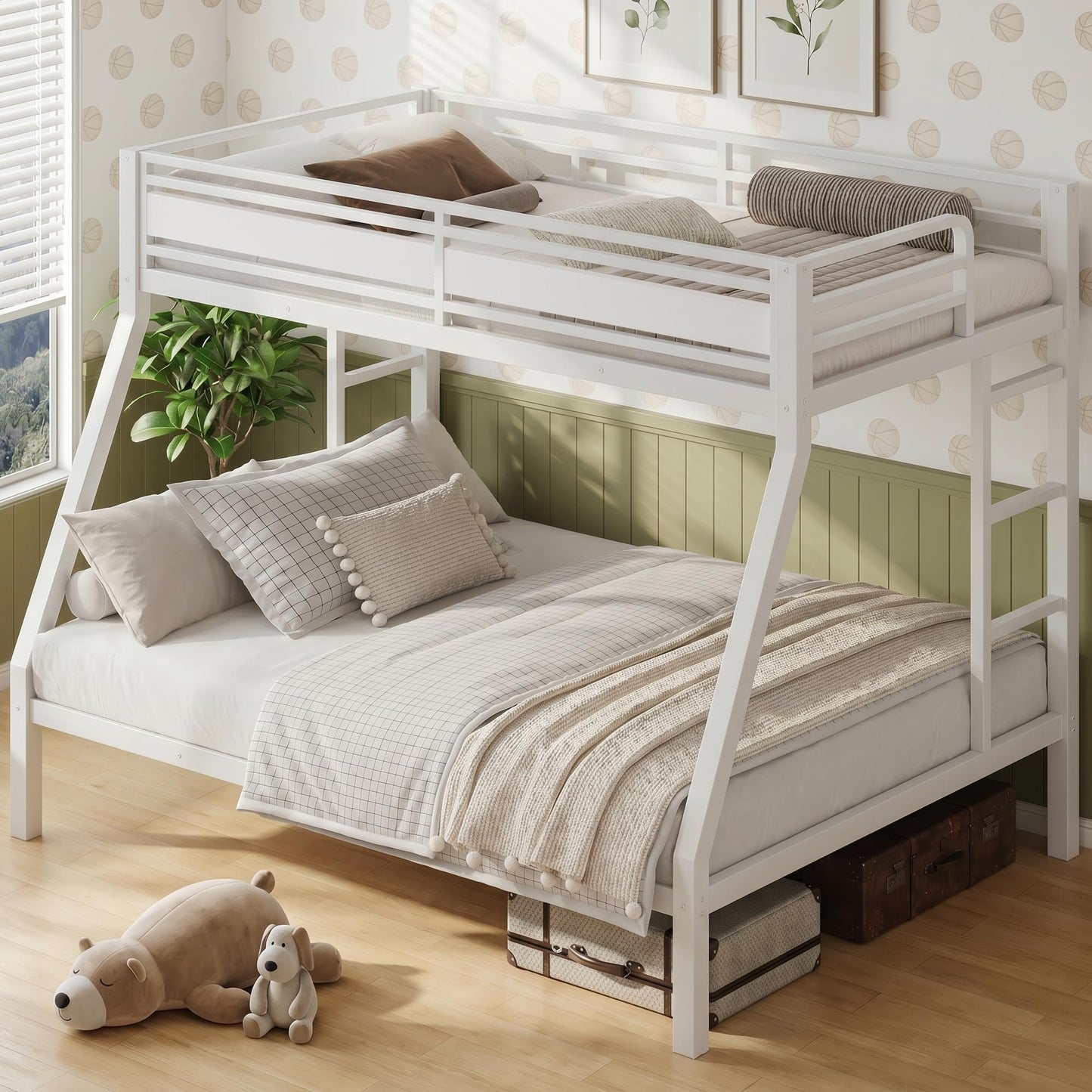 iPormis Heavy Duty Twin Over Full Bunk Beds, Metal Twin Bunk Bed Frame with 12.8" Guardrails, Loft Bed Frame for Kids and Teens, Reversible Ladder, Under Bed Storage Space, No Box Spring Needed, White