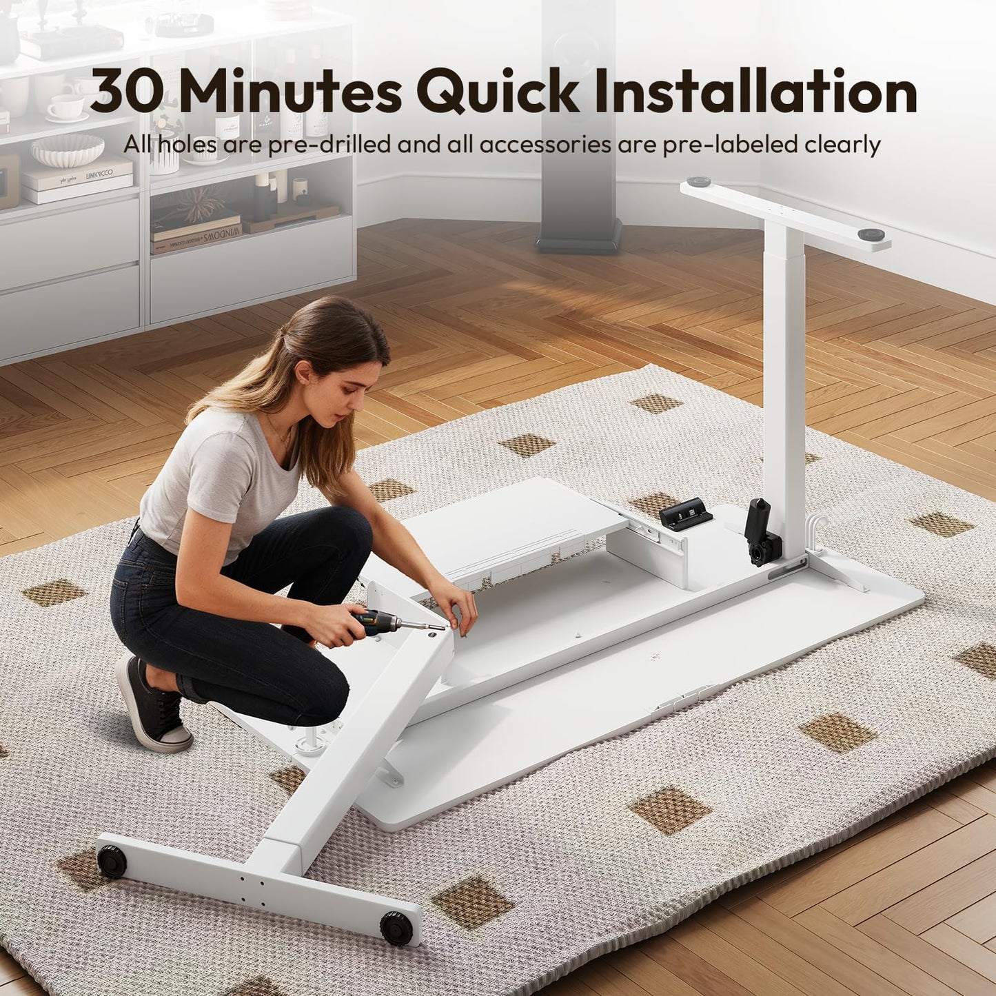 Gamork Electric Standing Desk with Keyboard Tray,55x24 inches Adjustable Height Stand Up Desk,3 Preset Heights,Equipped with Hooks,Raising Desks for Home Office and Computer Workstation,White