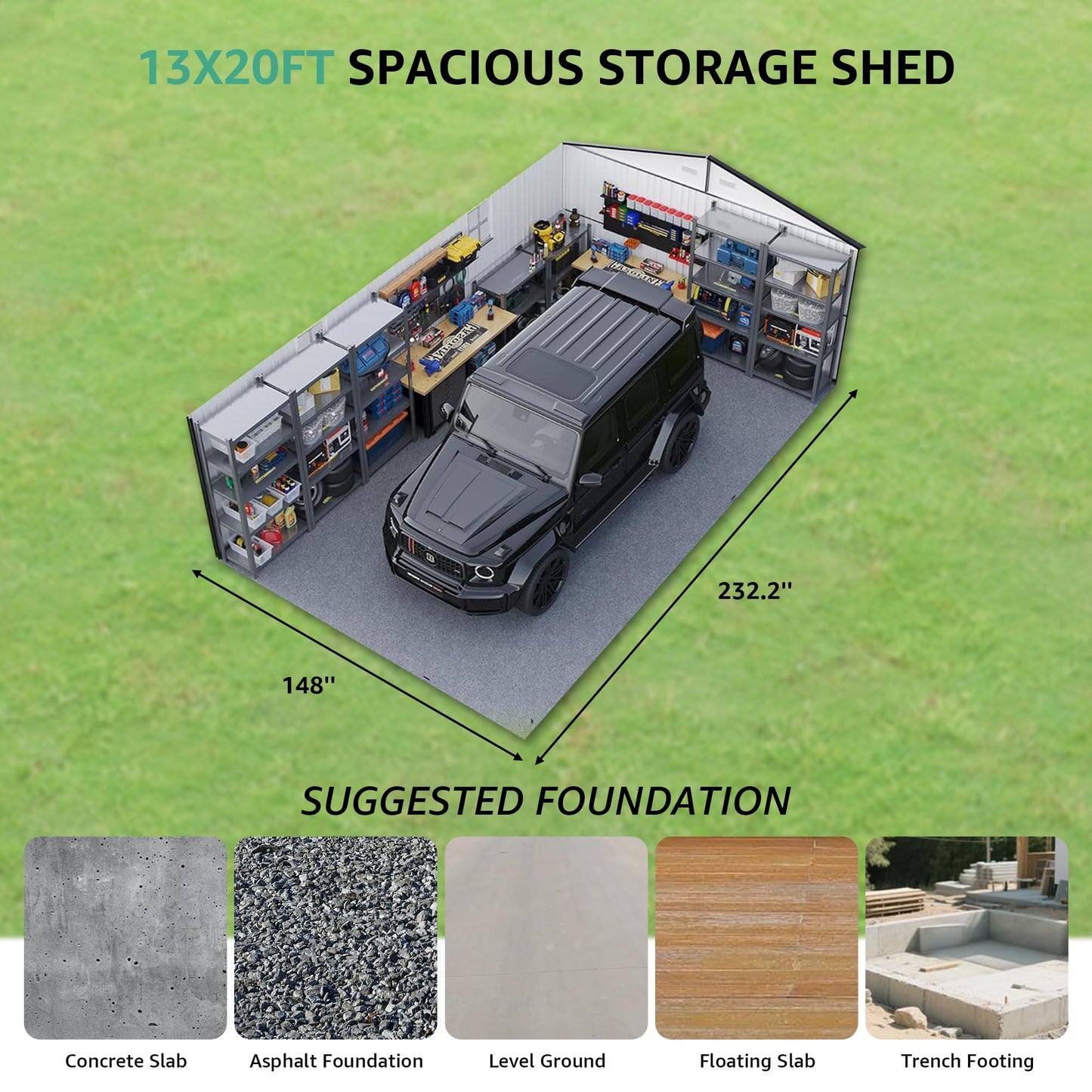 LANTRO JS Large Storage Shed 13x20ft, Outdoor Metal Garage Shed with 2 Doors and 2 Windows, Heavy Duty, Black
