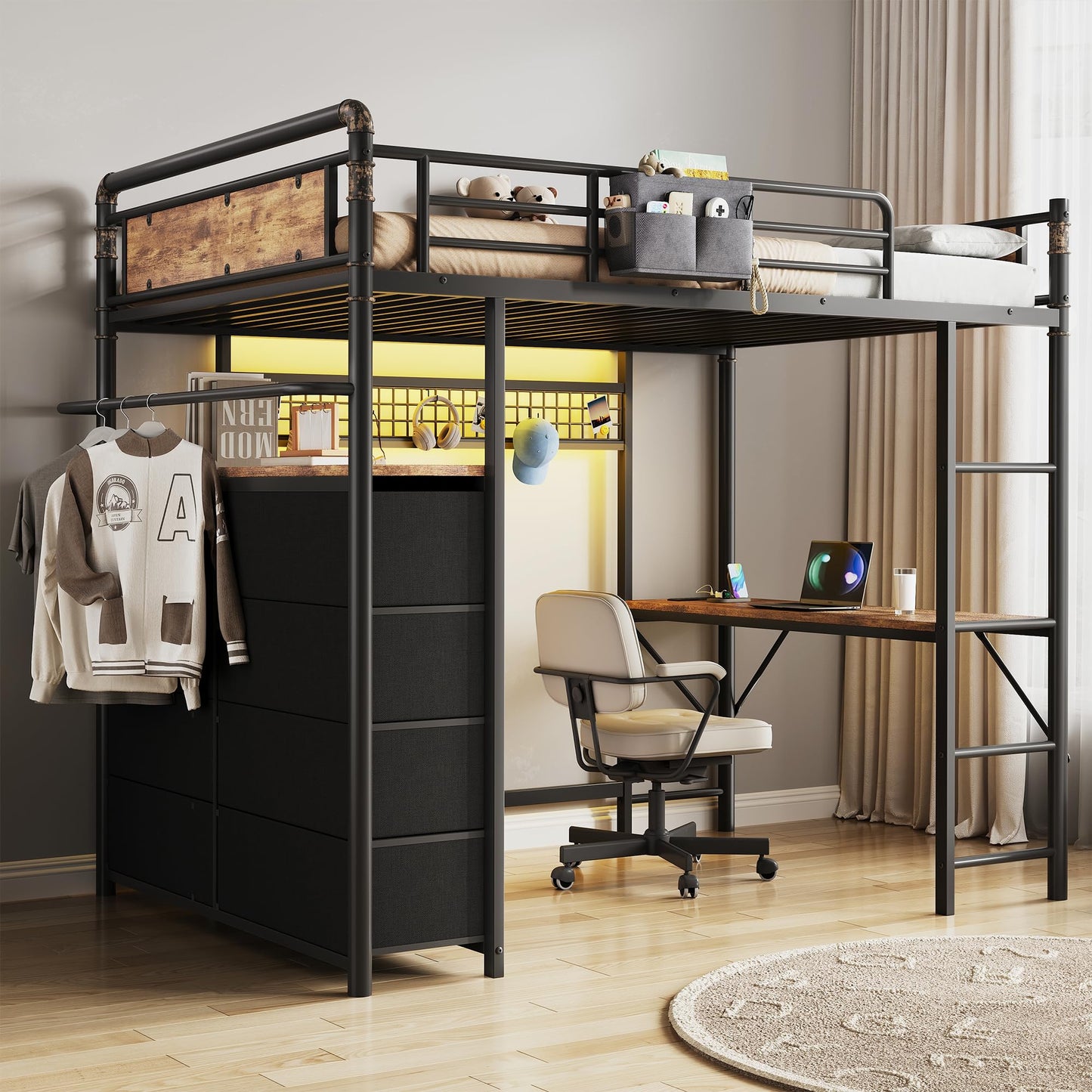 Twin Loft Bed with Desk and 8 Storage Drawers, Metal Loft Bed Twin Size with LED Lights & Charging Station, Bed Frame with Hanging Rod, Safety Guardrail & Ladder, for Kids & Teens (Rustic Brown)