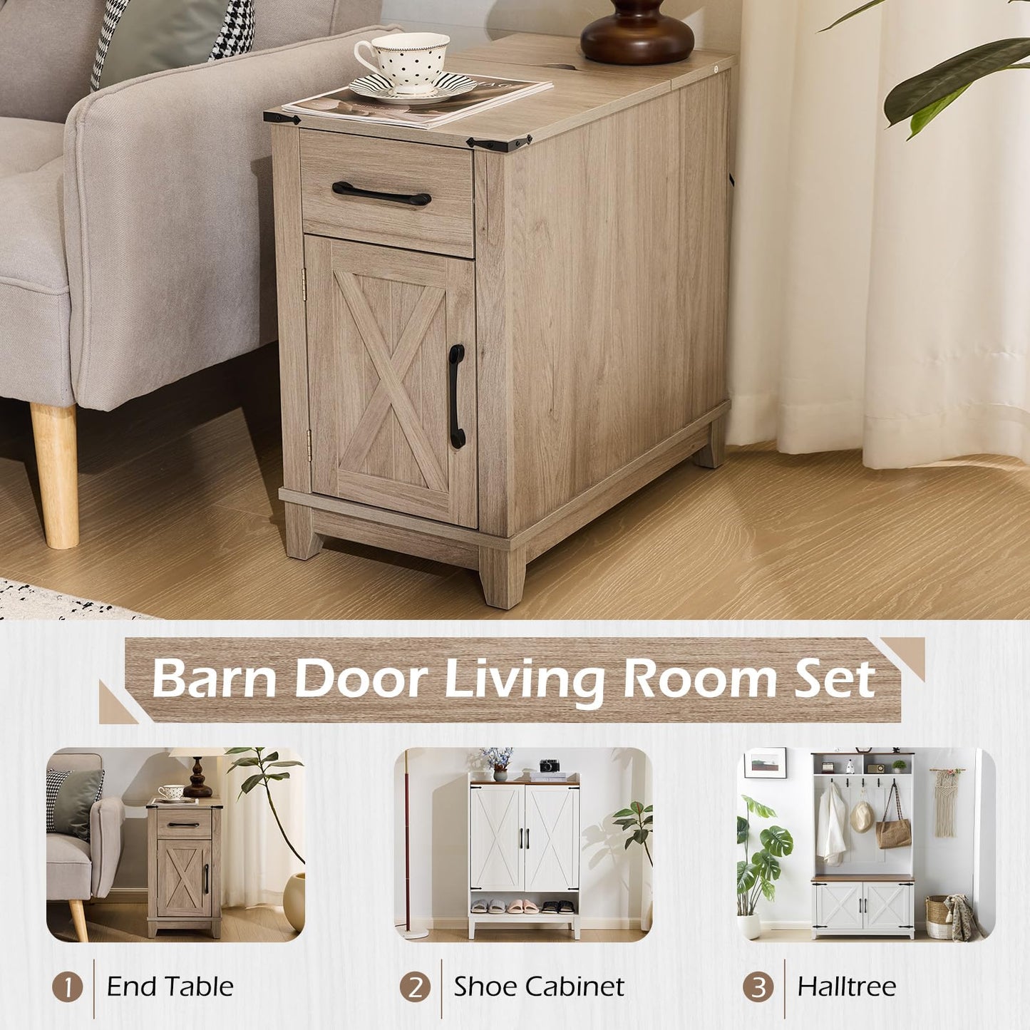 EROMMY Farmhouse End Table with Charging Station Set of 2, Narrow Side Table for Living Room, Nightstand with Drawer and Storage Cabinet, Adjustable Shelf, Gray