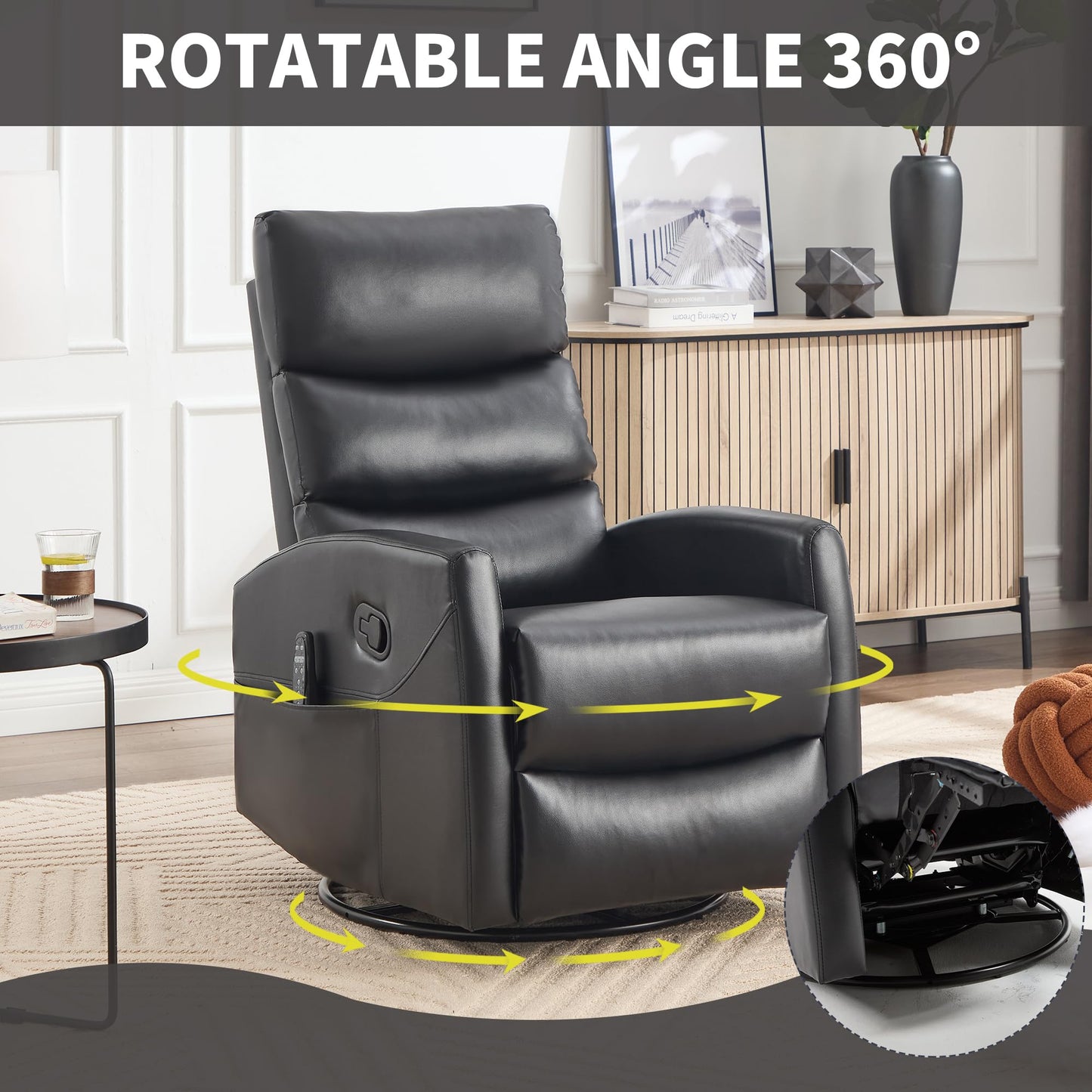 KEIKI Heat Massage Manual Recliner Chair, 360 Swivel Rocker with Lumbar Heat, Lazy Boy Style Faux Leather Overstuffed Back Multi-Function, Nursery Lounge Chair with Side Pockets for Living Room, Black