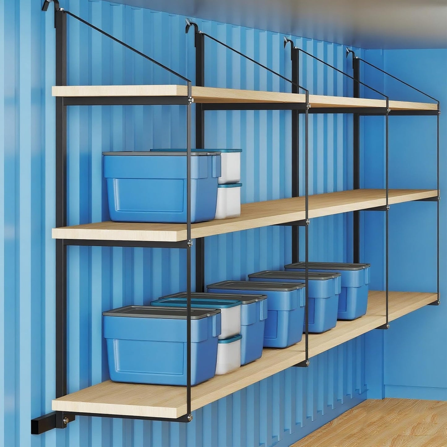 4 PCs Shipping Container Shelving Bracket, 22" D x 60" H, 3-Tier Powder Coated Steel Shelf Brackets, 1100 LBS Capacity, Quick Hang D Hook, for Cargo Storage, Warehouse, Garage, Heavy Duty