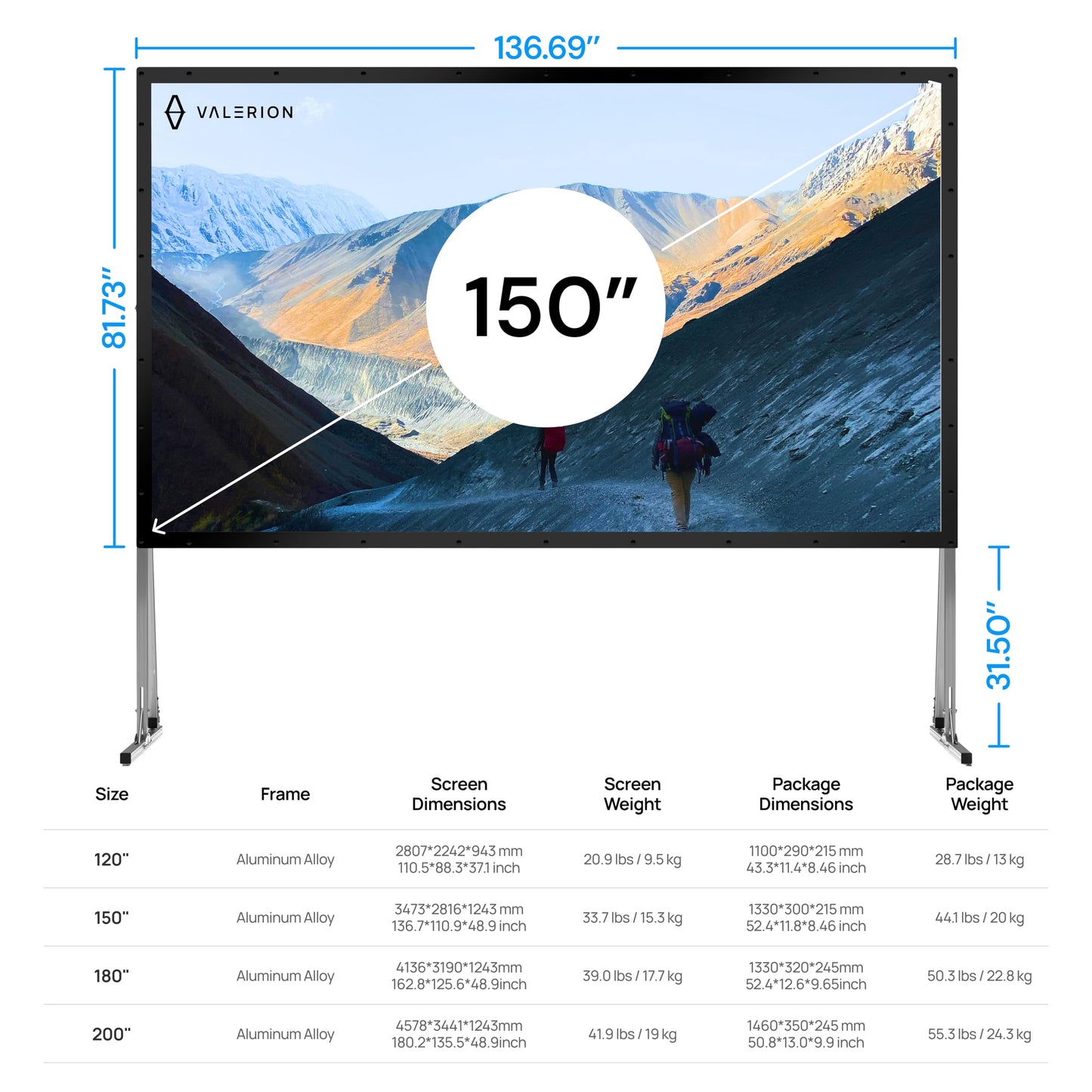 Valerion 150" Outdoor Projector Screen with Stand – 3-Min Setup, Wheeled Carry Bag, 4K/8K UHD Support, Freestanding, Portable Alloy Frame, 16:9 HD, Lightweight for Camping, Backyard, Home Theater