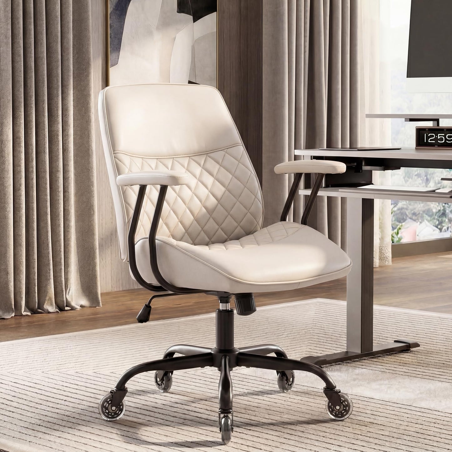 NEO Chair Ergonomic Leather Office Desk Chair with Fixed Armrests Mid Back Lumbar Support Swivel Executive Computer Chair with Wheels Comfy Home Office Chair for Adults (Ivory)