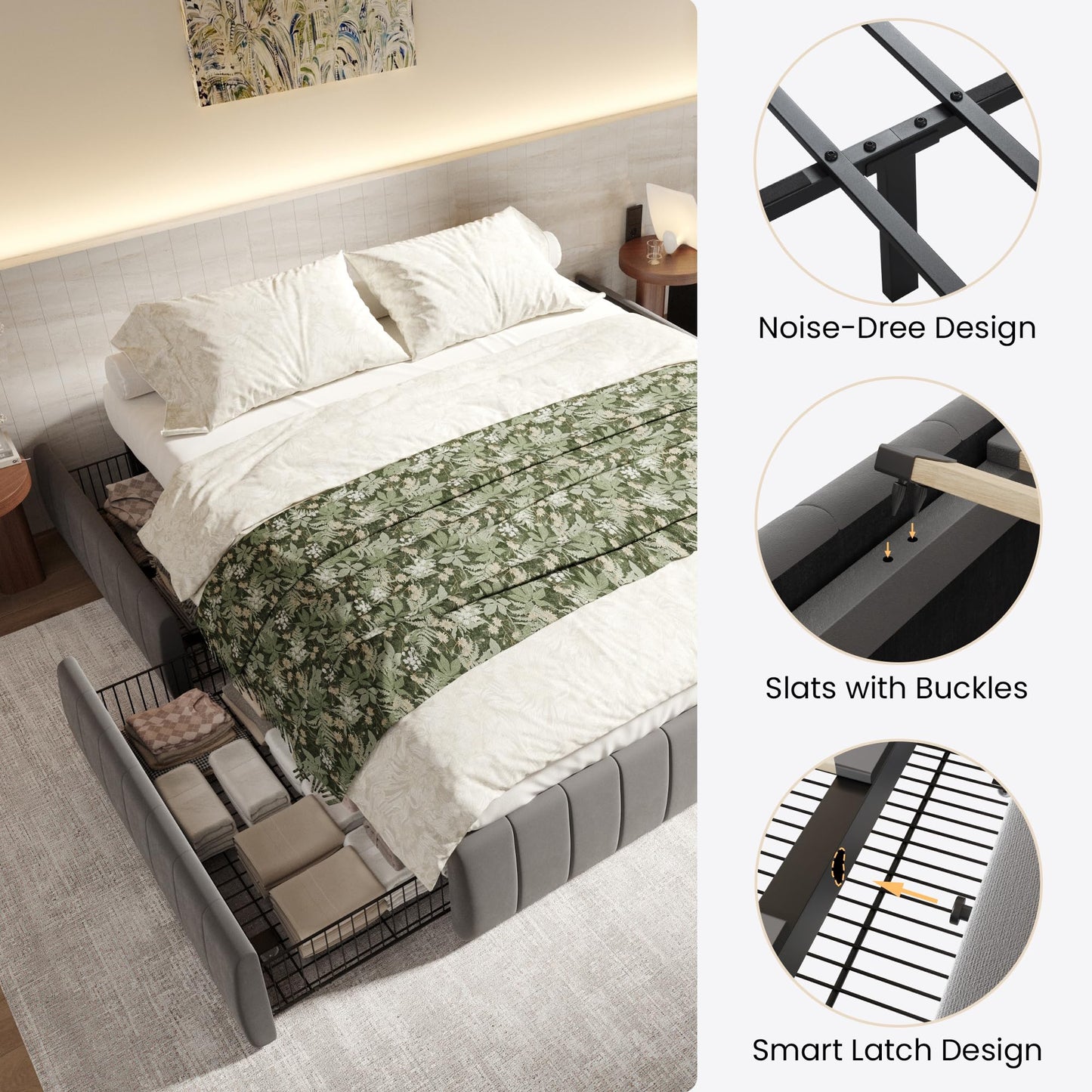 SHA CERLIN King Size Velvet Upholstered Platform Bed Frame with 4 Storage Drawers, Vertical Channel Tufted, Low Profile, Fits Standard Headboards, Wooden Slats Support, Easy Assembly, Grey