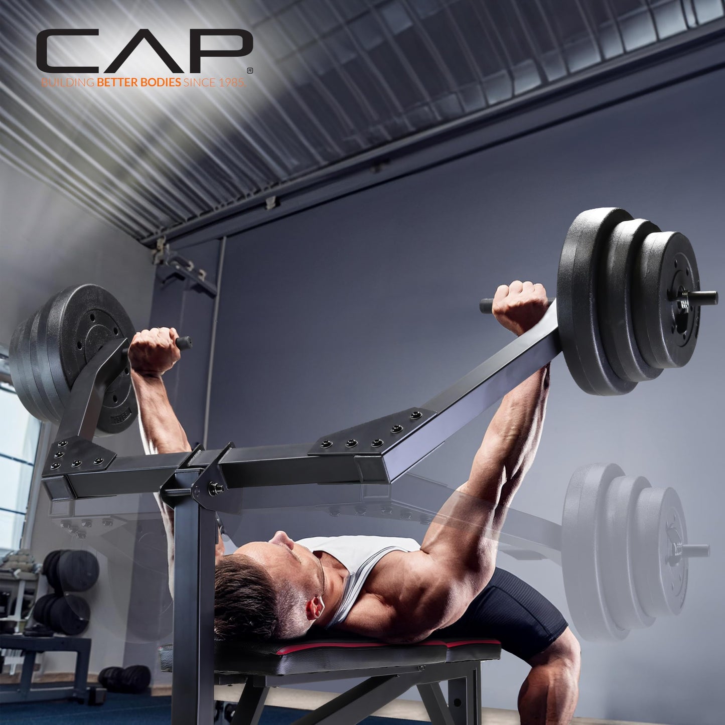 Cap Leverage Weight Bench with 100 LB Vinyl Weight Set, Adjustable Strength Training Bench with Leg Developer, Multi-Position Home Gym Bench Press with Vinyl Cement Plates & Spring Collars