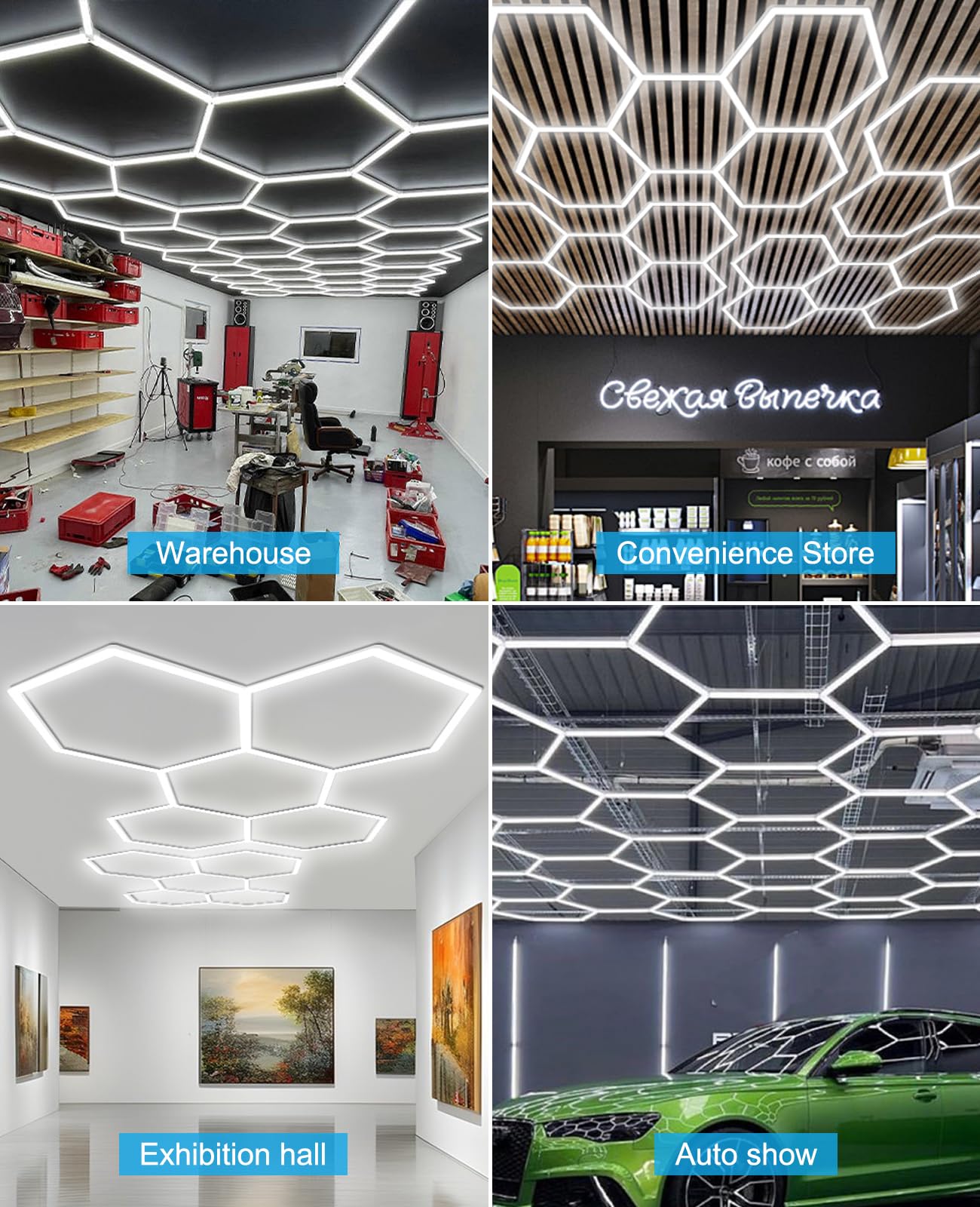 Pomelotree LED Garage Lights, Hexagon Design, 6500K, Aluminum, 14 Grids with Rectangle Frame, Model H5656K14, White