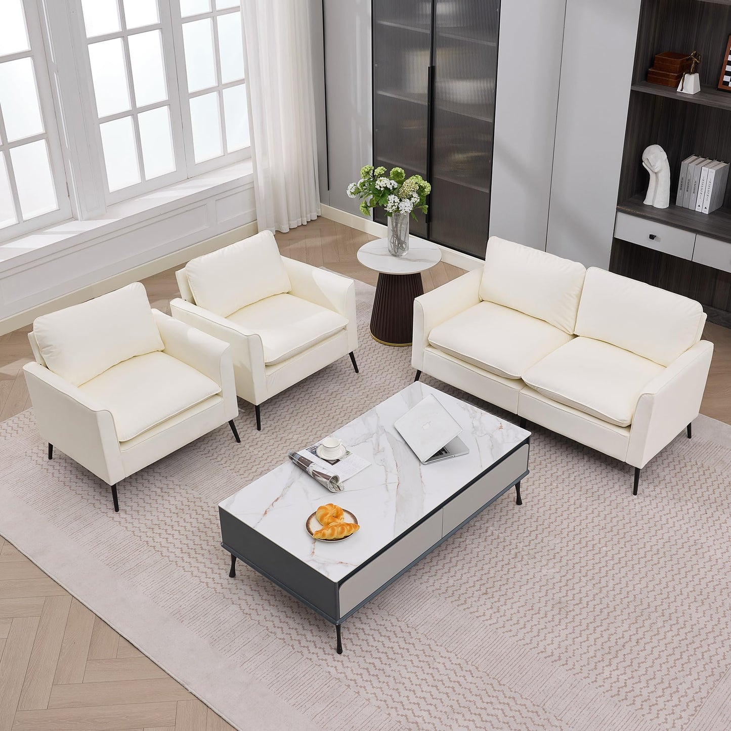 KEIKI Faux Leather Loveseat, Mid Century Modern Comfy Sofa Couch, Mini Deep Seat 2-Seater Settee Loveseat Couches for Office Living Room Bedroom Apartment Dorm Small Space, Cream White