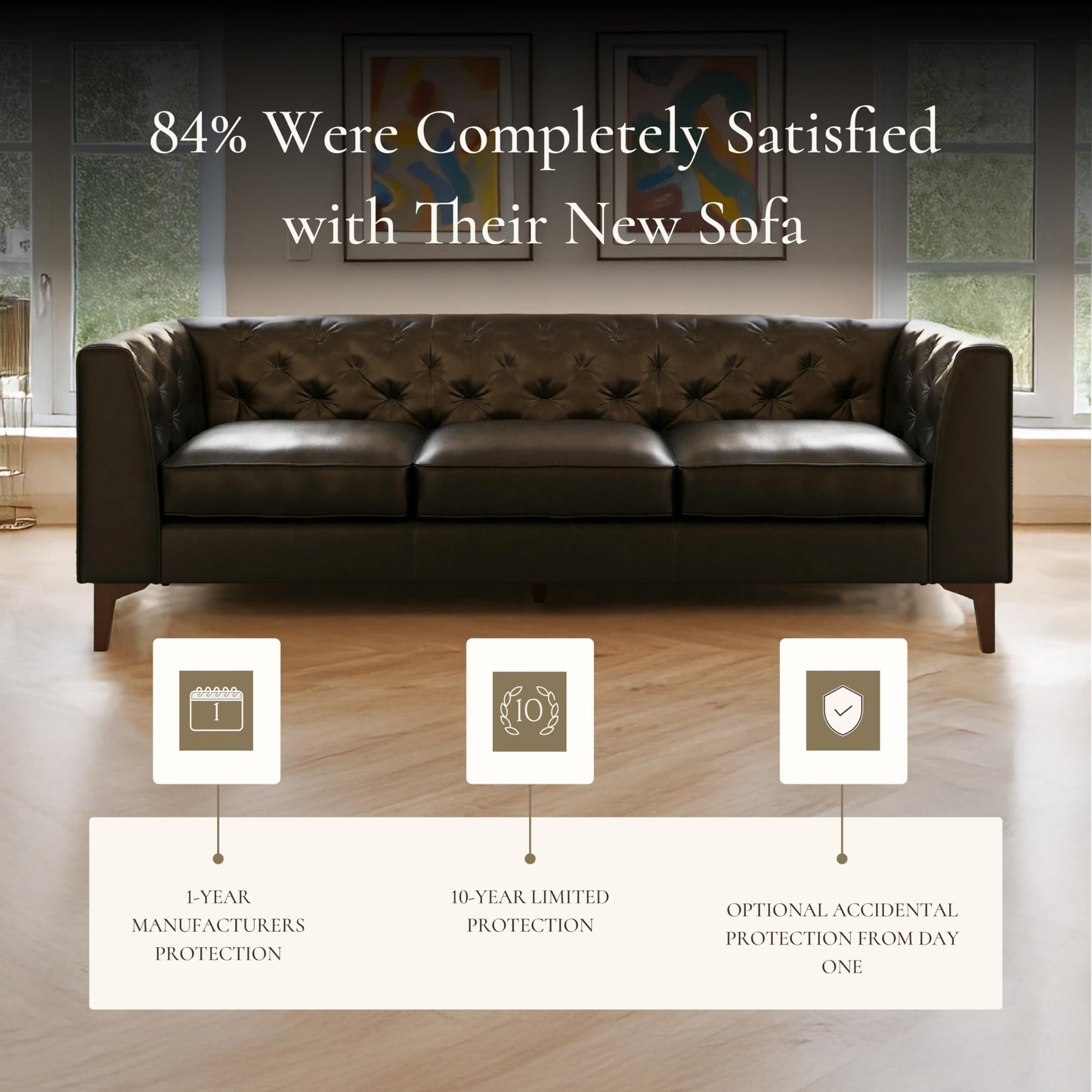 POLY & BARK Essex 89” Full-Grain Italian Leather Sofa – Tufted Back, Feather-Down Comfort, Solid Wood Frame, Onyx Black