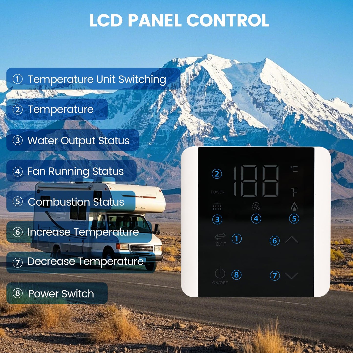 RV Tankless Water Heater with Shower Head, 65,000 BTU Propane Gas, DC 12V, High Altitude Ready with 15x15 Inch Door & Remote Controller Energy Saving & Freeze Protection for RVs