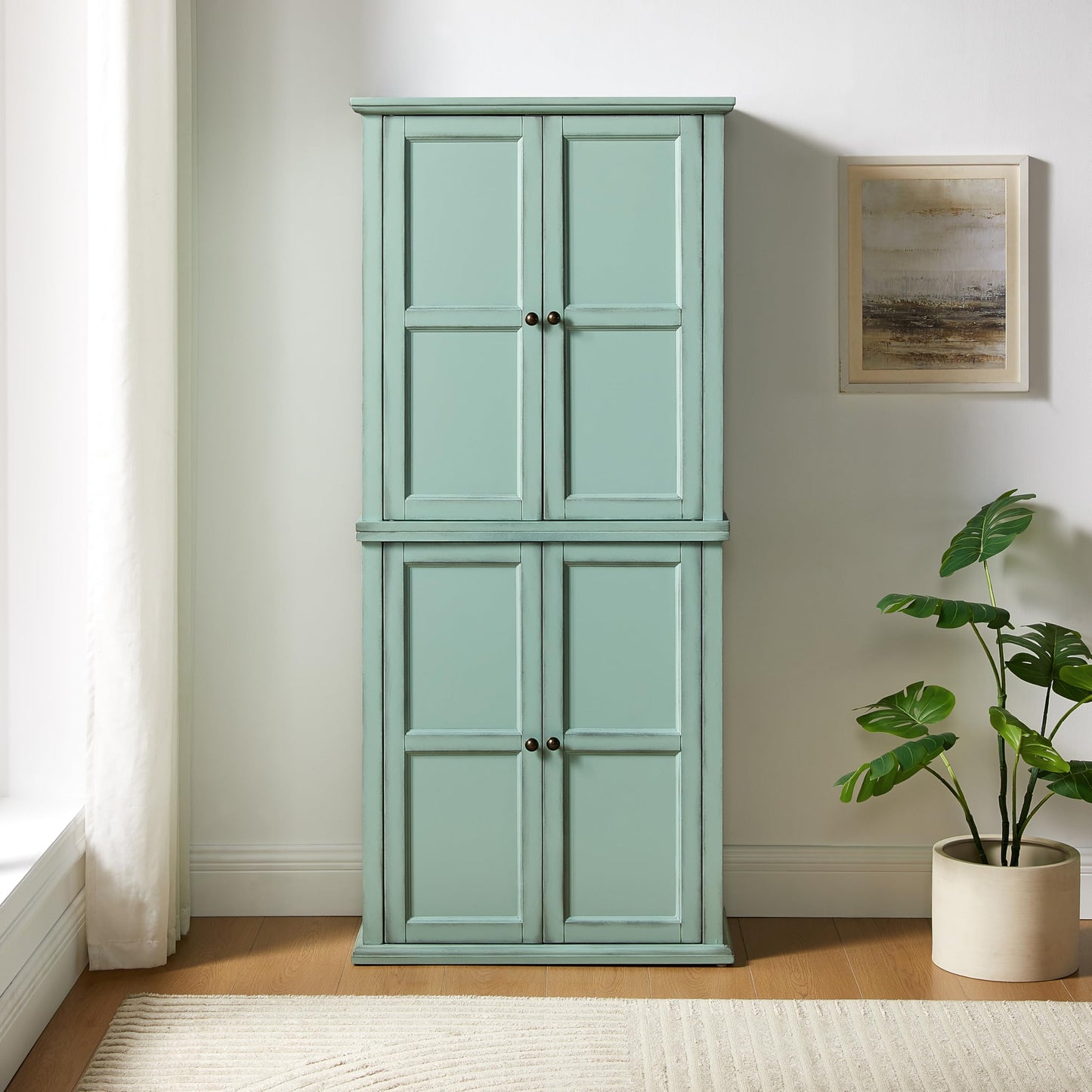 Crosley Furniture Holbrook Traditional Tall Kitchen Pantry, Laundry Room Cabinet, Bathroom Storage Cabinets, Distressed Seafoam Blue