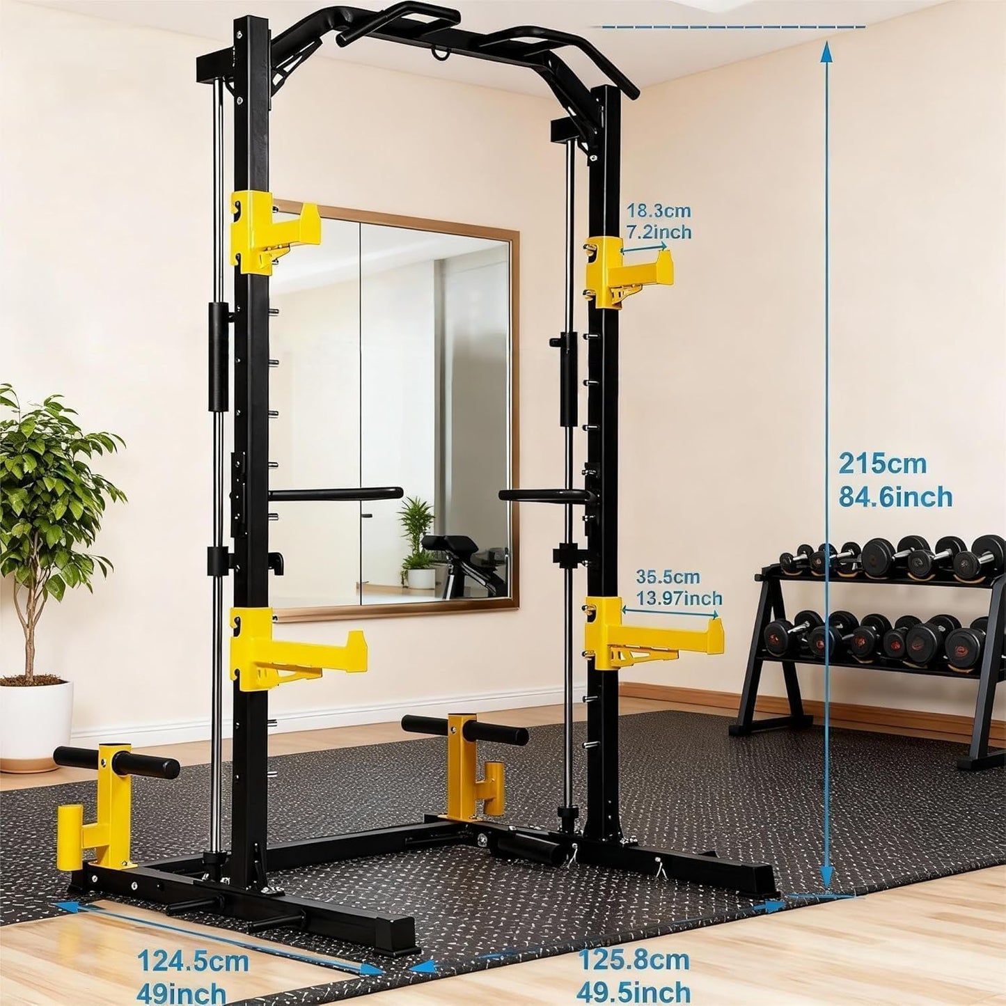 Fitvids Smith Machine Power Cage, Multi-Function Squat Rack with Dip Bars, Weight Plate Storage, J Hooks, Barbell Holder & T-Bar Row Platform, Tricep Rope,2000lb Capacity