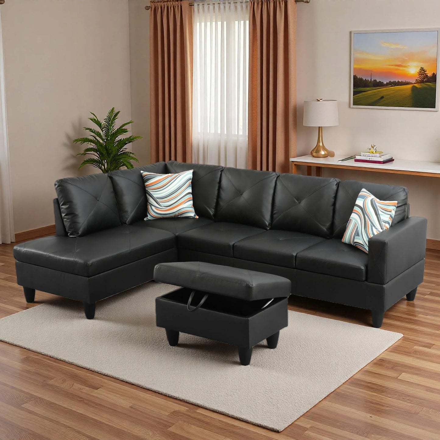 Trygoal L-Shaped Sectional Sofa with Movable Chaise & Storage Ottoman, Leather 3-Piece Modular Convertible Couches for Living Room, Apartment & Office, Dark Black