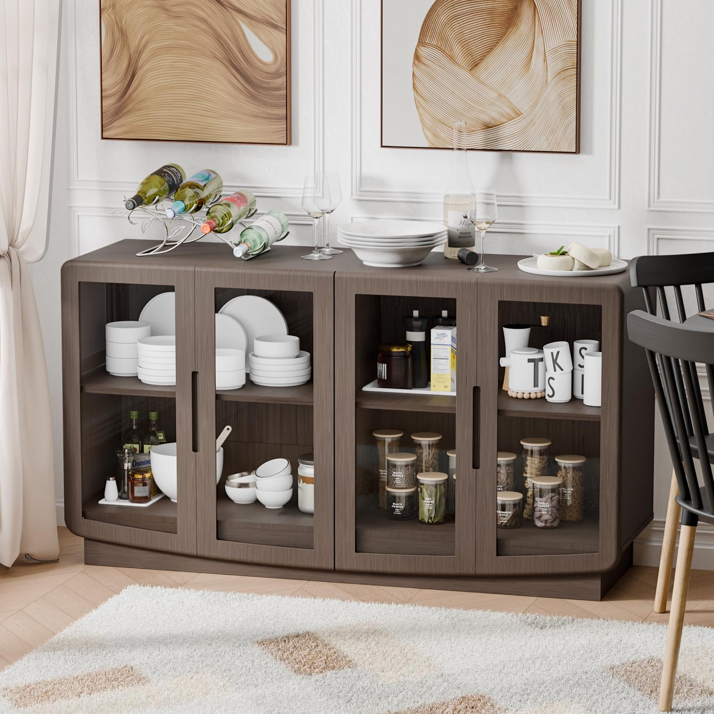 Trygoal 55" Walnut 4 Glass Door Sideboard Credenza, Modern Storage Buffet with Shelves, Multi-Use Coffee Bar Console for Kitchen Living Room Entryway