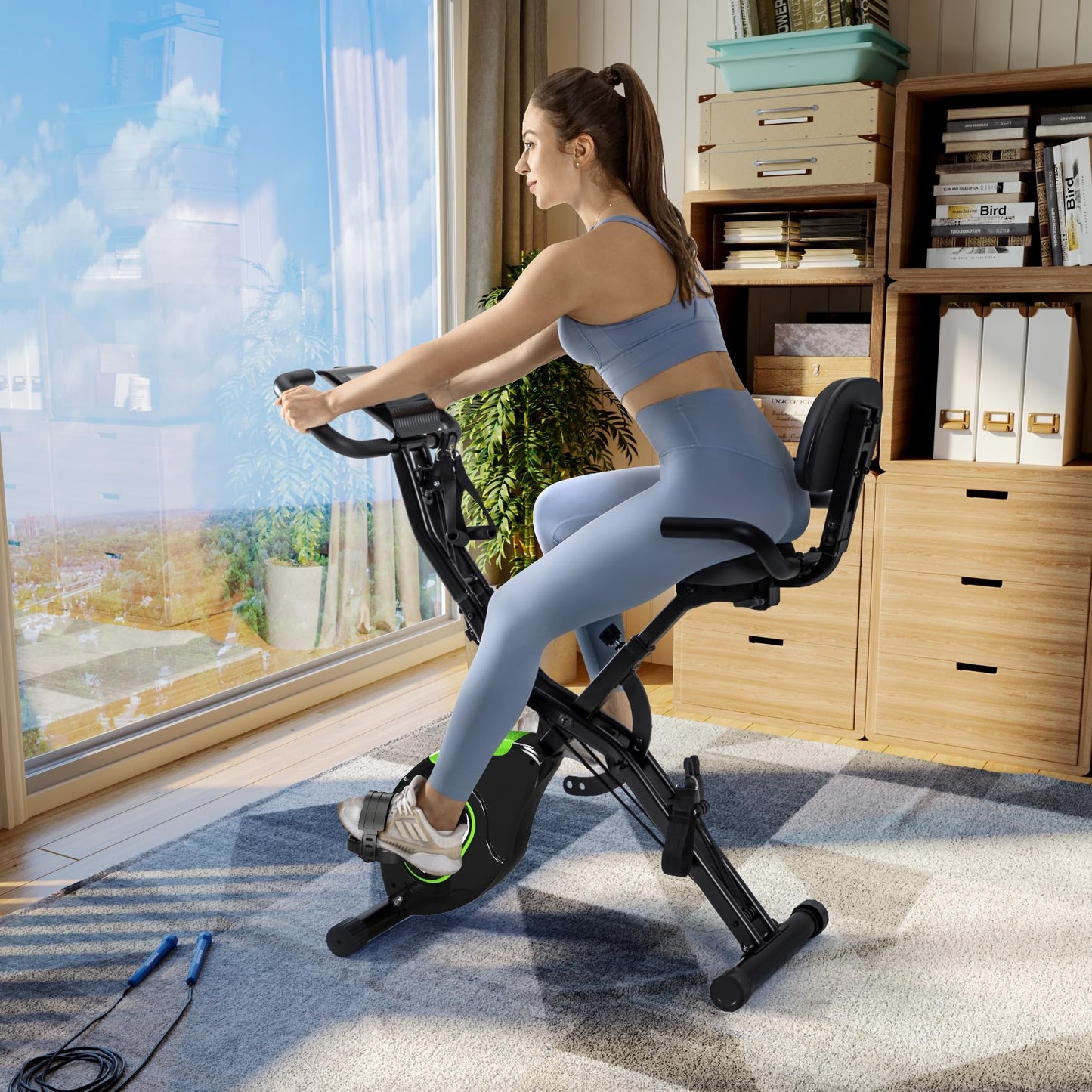 Caromix Folding Exercise Bike, 5 in 1 Stationary Bike with 16-Level Adjustable Magnetic Resistance, 330LB Capacity Indoor Workout Bike, Foldable Exercise Bike for Seniors and Adult