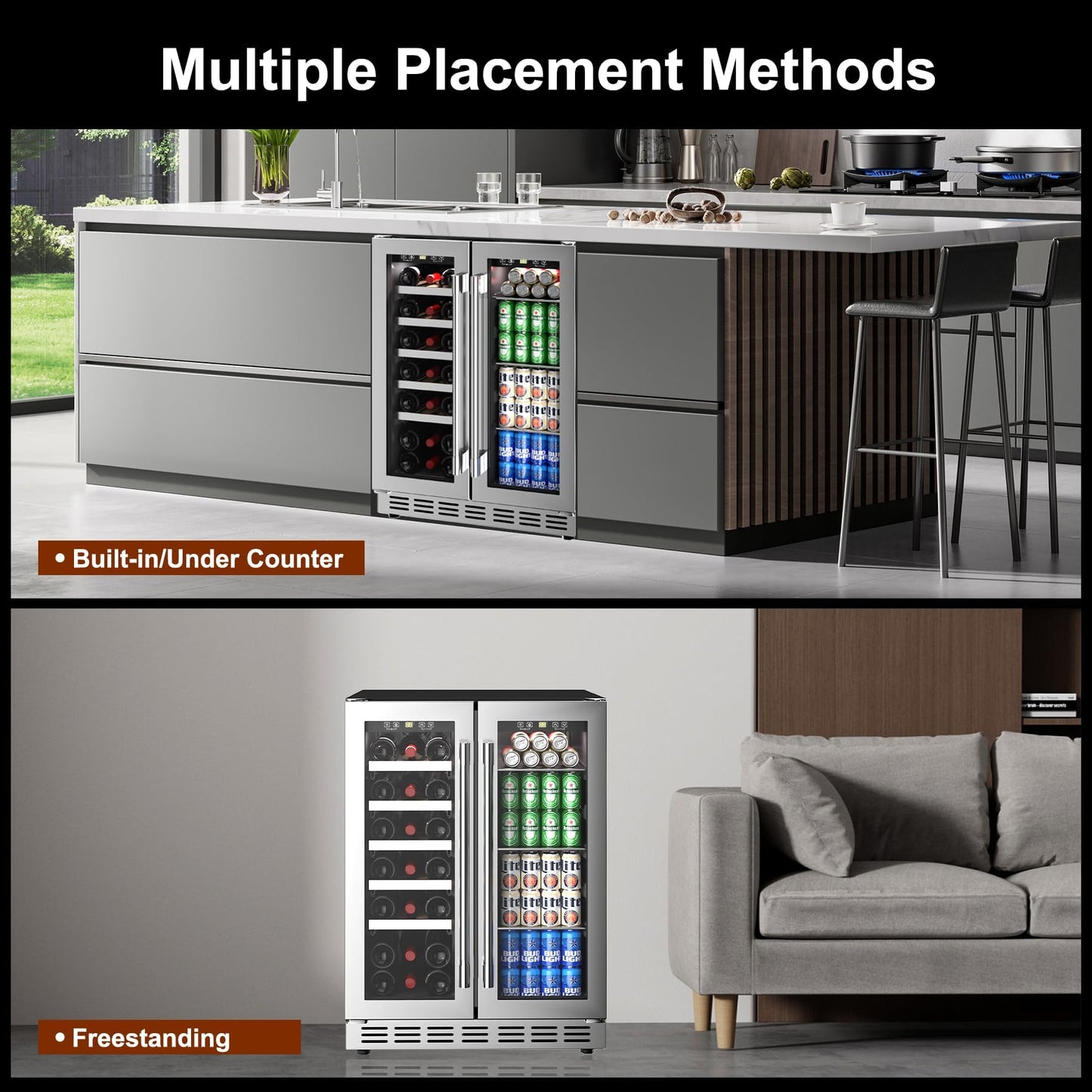 Rockitch 24" W Dual Zone Wine and Beverage Refrigerator, Built-in or Freestanding Wine Beverage Cooler with Stainless Steel Glass Door, 20 Bottles and 63 Cans Under Counter Fridge for Home Bar Office