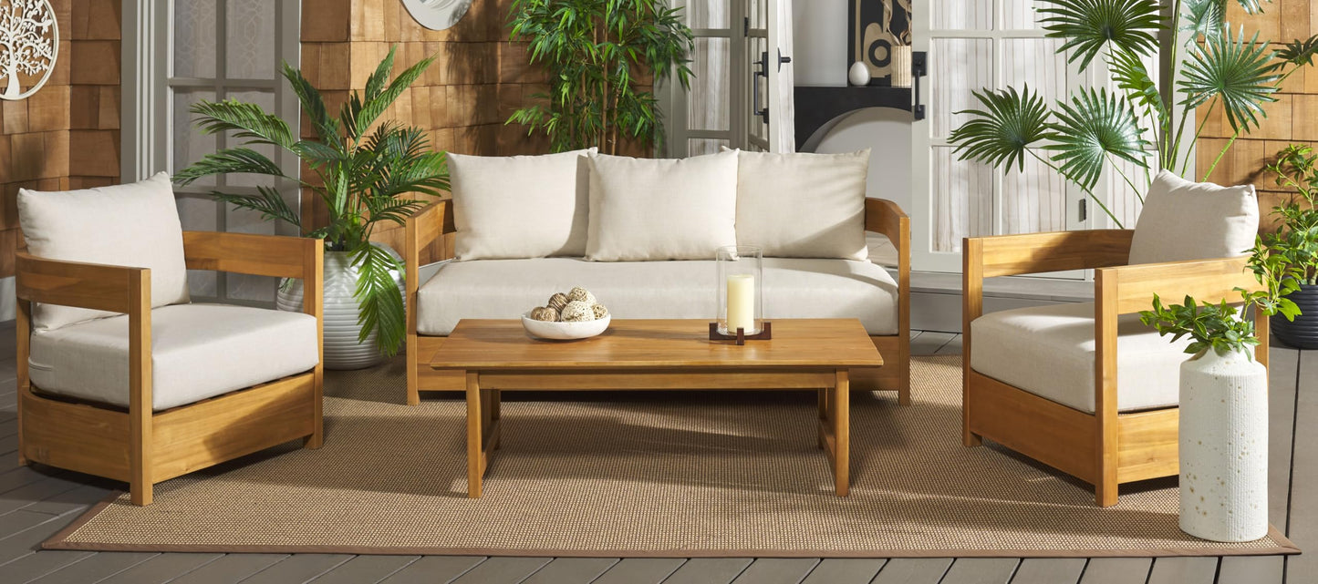 SAFAVIEH Outdoor - Kento 4 Piece Outdoor Living Set - Natural & Taupe Acacia Wood - Coastal Design with Removable Cushions - Ideal for Patio, Deck, Porch, Backyard (PAT9520A-KIT3)