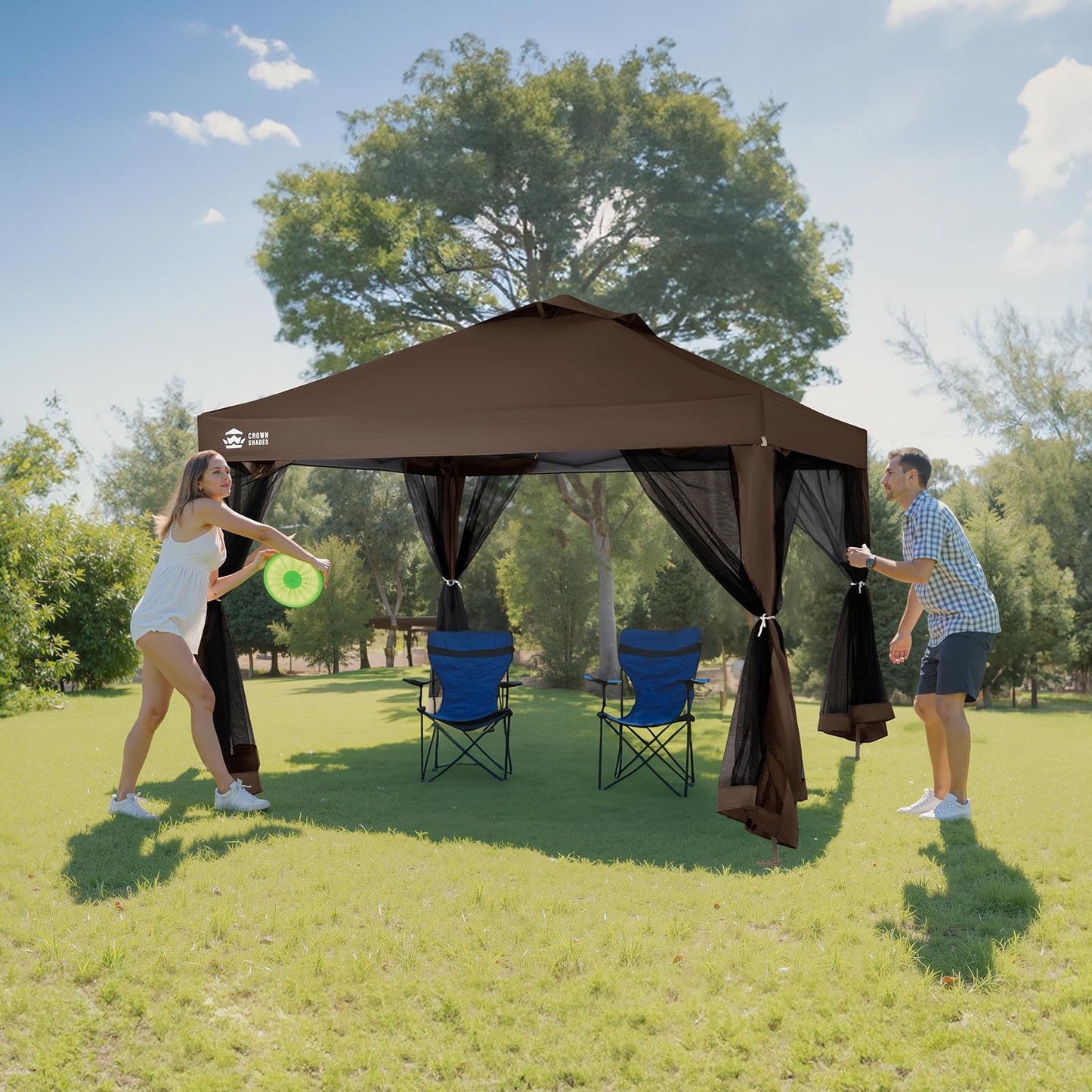 CROWN SHADES Gazebo 10x10 Pop Up Canopy with Mosquito Netting, Screen Tent with 4 Ropes, 8 Stakes, 4 Sandbags and Wheeled Storage Bag, Canopy for Patio & Backyard Parties,Camping&Events -(Coffee)