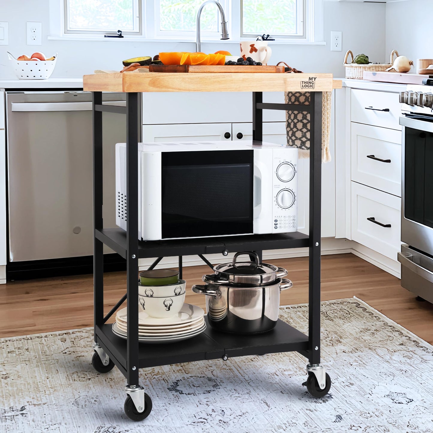 Mythinglogic Foldable Kitchen Storage Cart, 3-Tier Rolling Cart with Solid Oak Top, Heavy-Duty Metal Utility Rack for Microwave, Pots, Dish Set, Meal Prep Area, Kitchen Island on Lockable Wheels