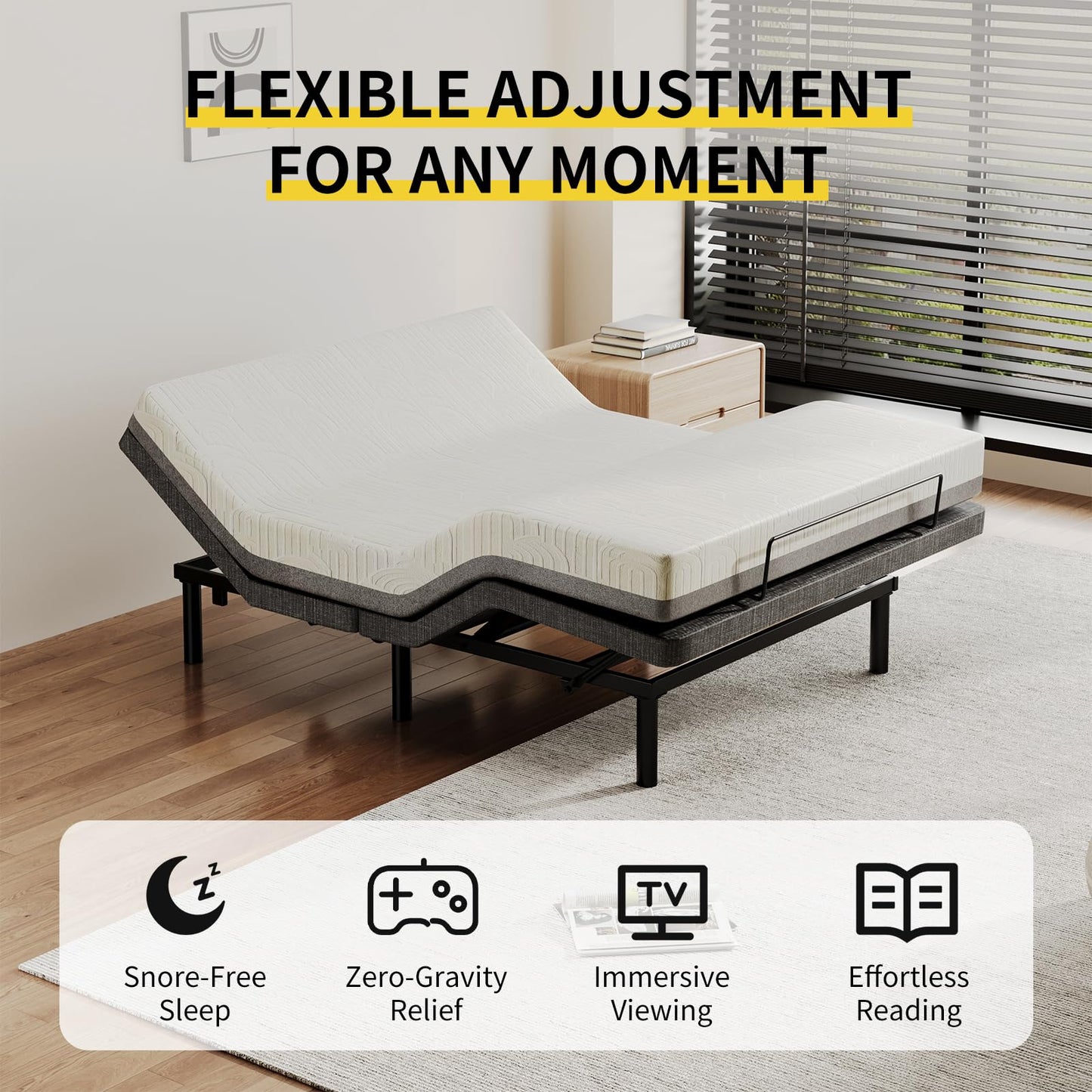 MULIN Full Size Smart Massage Bed Base, Electric Adjustable Frame with 6-Vibration Modes, Head & Foot Incline, 2 USB Ports, Flashlight, Storage Shelf & Remote