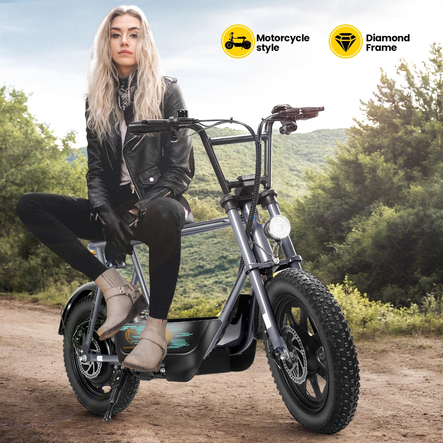 Caroma Peak 560W Electric Scooters with Seat, 16" Fat Tire for All-Terrain, 15Miles Max Range, 20mph Top Speed, Motorcycle Style with Carry Basket,Commuter Ebike for Adults&Teens, Gray