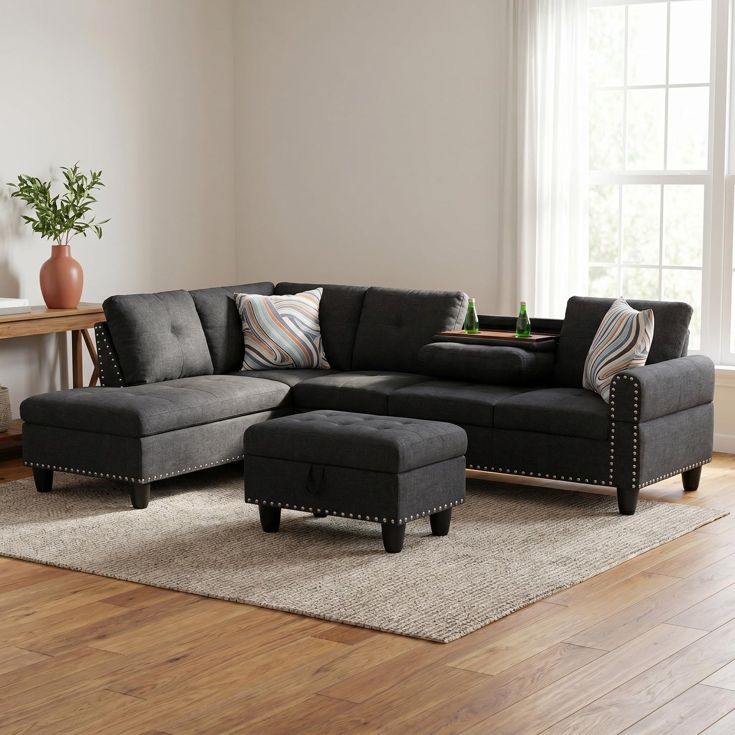 Trygoal 97.5" Linen L Shaped Couch with Left Chaise & Cup Holder, Sectional Sofas Modular Furniture Set with Storage Ottoman, Convertible Couches for Living Room, Small Space & Office (Black)