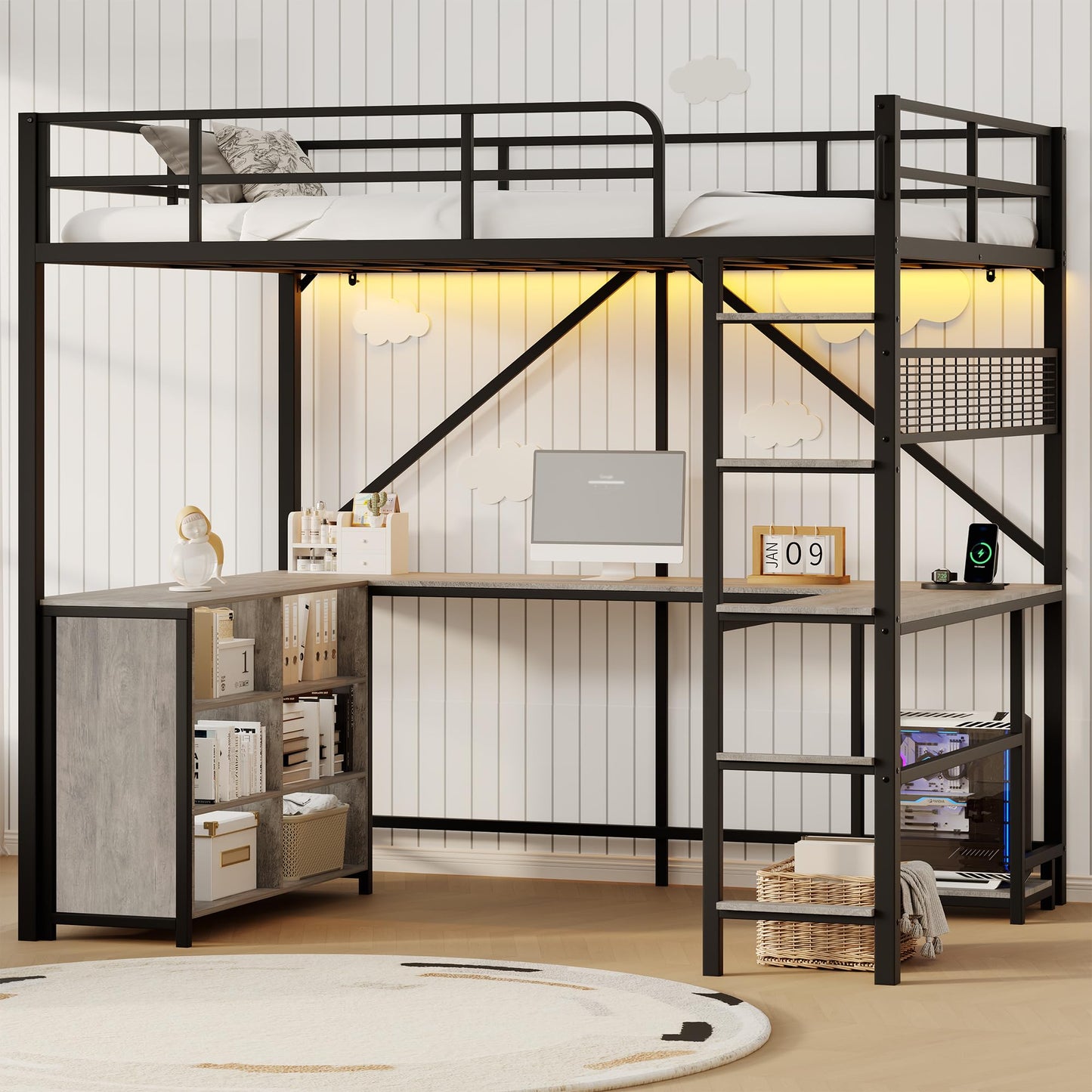 Garvee Loft Bed Full Size with u-Shaped Desk, 6 Storage Cubbies, Power Outlet, Bed Frame with LED & PC Stand, Heavy Duty Metal Bed Frame with Widened Ladder Feet for Apartment, Bedroom, Small Space