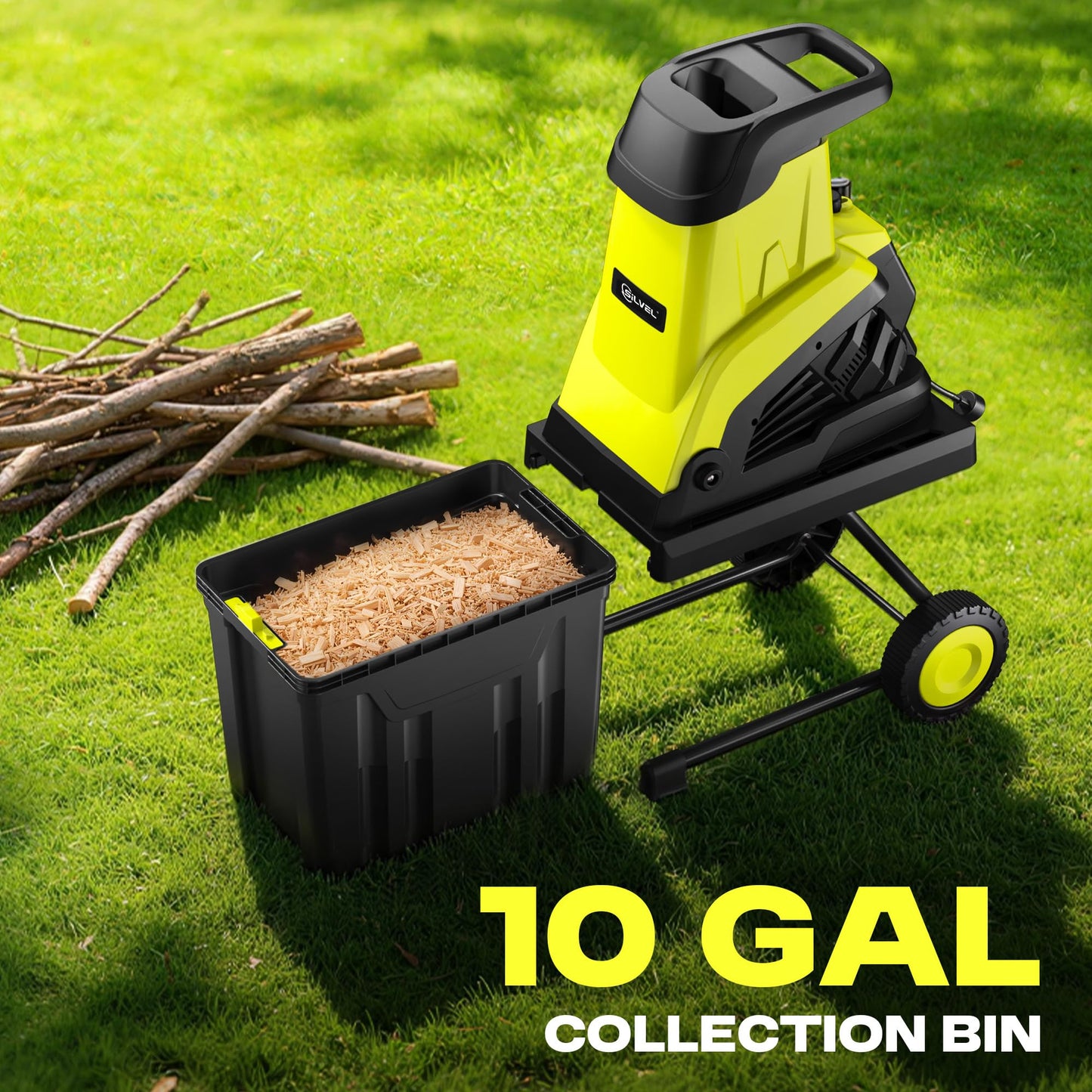 SILVEL Wood Chipper Shredder, 1800W Cutting Diameter of 1.77 inch with 10 Gallon Large Collection Bin, 15-Amp Electric Wood Chipper Shredder for Fast Cleanup, Ideal for Branches, Garden Cleaning,Green