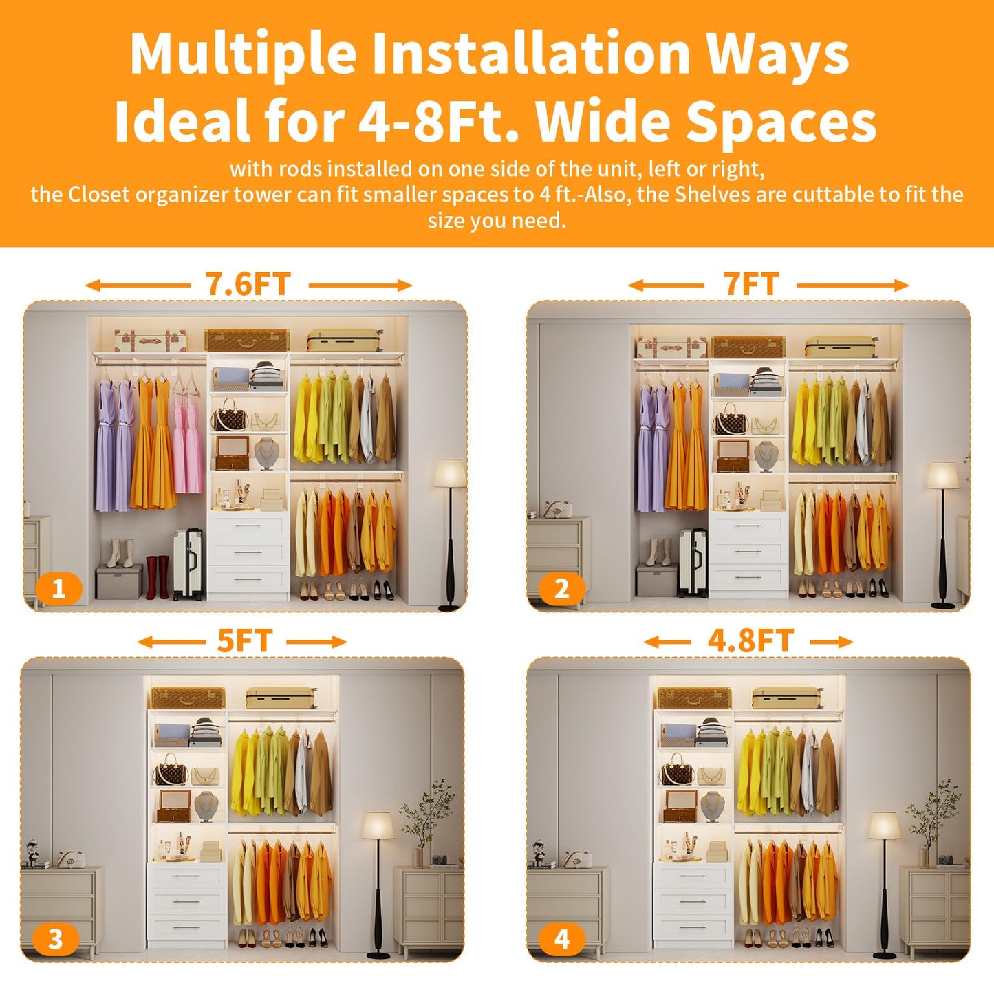 secilix Closet System with 3 Wood Drawers, 5-8FT Closet Organizer System with Cuttable Shelves for Walk in Closet with 3 Expandable Hanging Rods, Heavy Duty Built-in Closet for Bedroom, White
