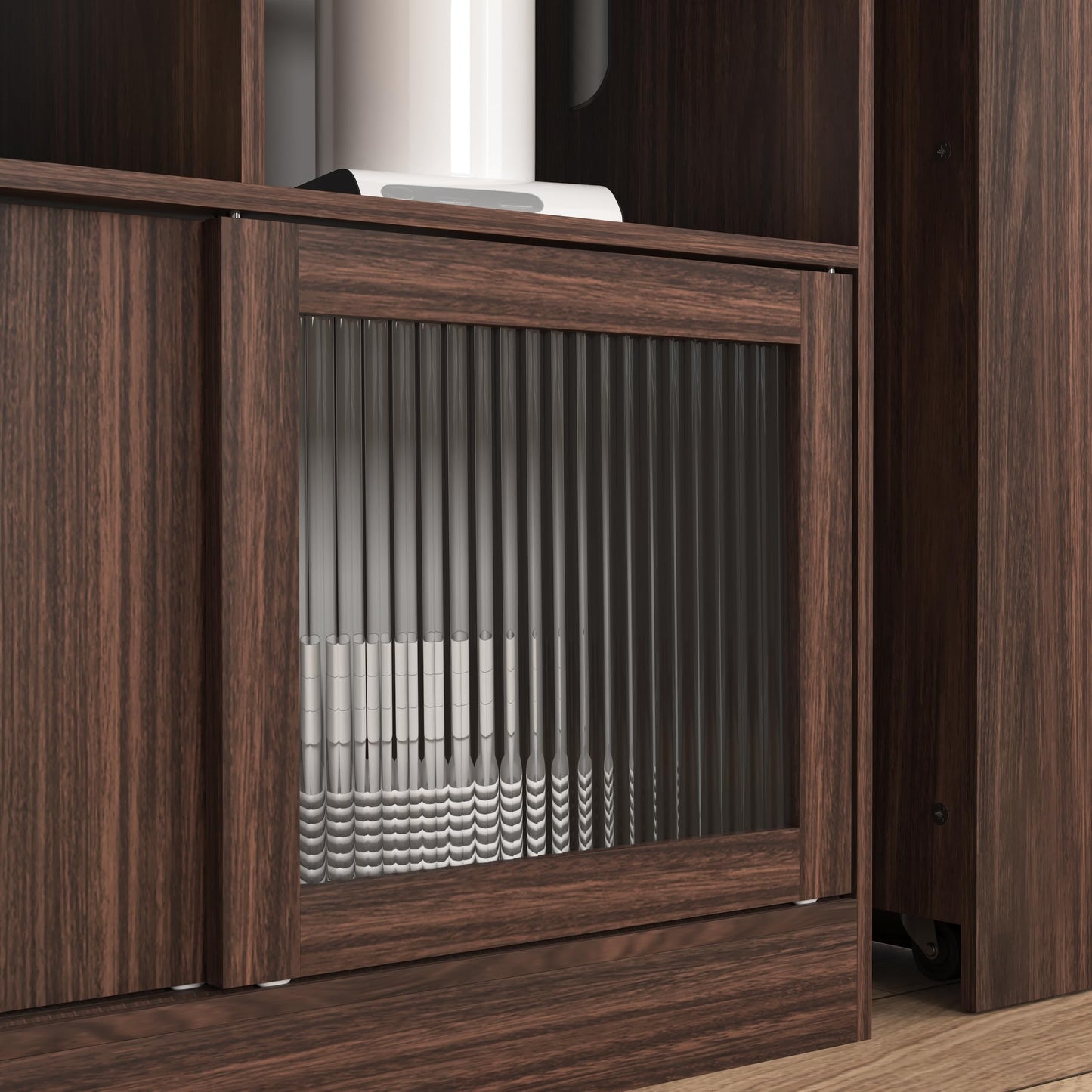 GDFStudio Modern Bar Cabinet with Rotating Top, Counter-Height Kitchen Dining Cabinet with 2 Ribbed Glass Doors & 6 Storage Shelves, Home Bar with Shelves, Living Room Storage Furniture, Walnut Brown
