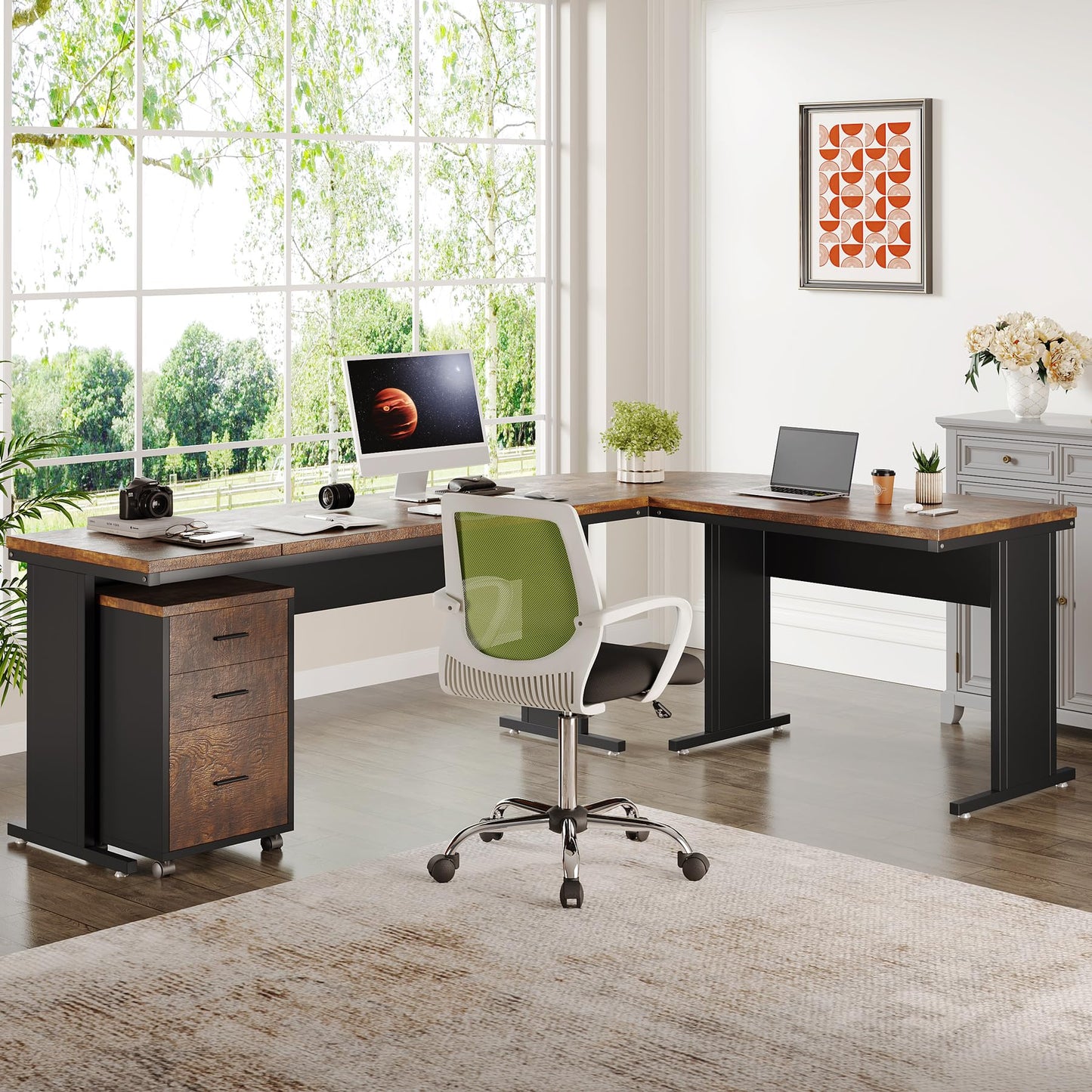 Tribesigns 83" L-Shaped Executive Desk, Large Office Desk with Drawers, Industrial Corner Computer Table with Rolling File Cabinet, Business Workstation for Home Office (Brown, 83 Inches)