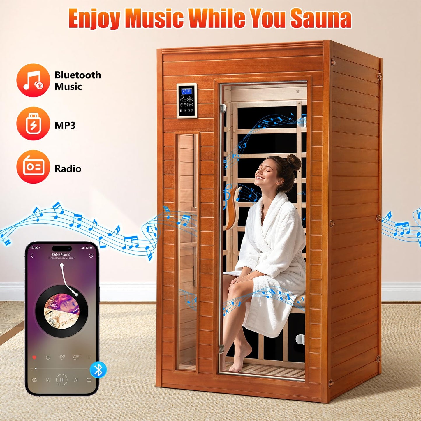 X-Vcak 1-2 Person Infrared Sauna, Dry Heat Sauna with Red Light Therapy, Bluetooth, Radio, 7-Color Therapy Light for Home, Indoor, Gym, Wellness Center, 40″ x 36″ x 73″, Brown