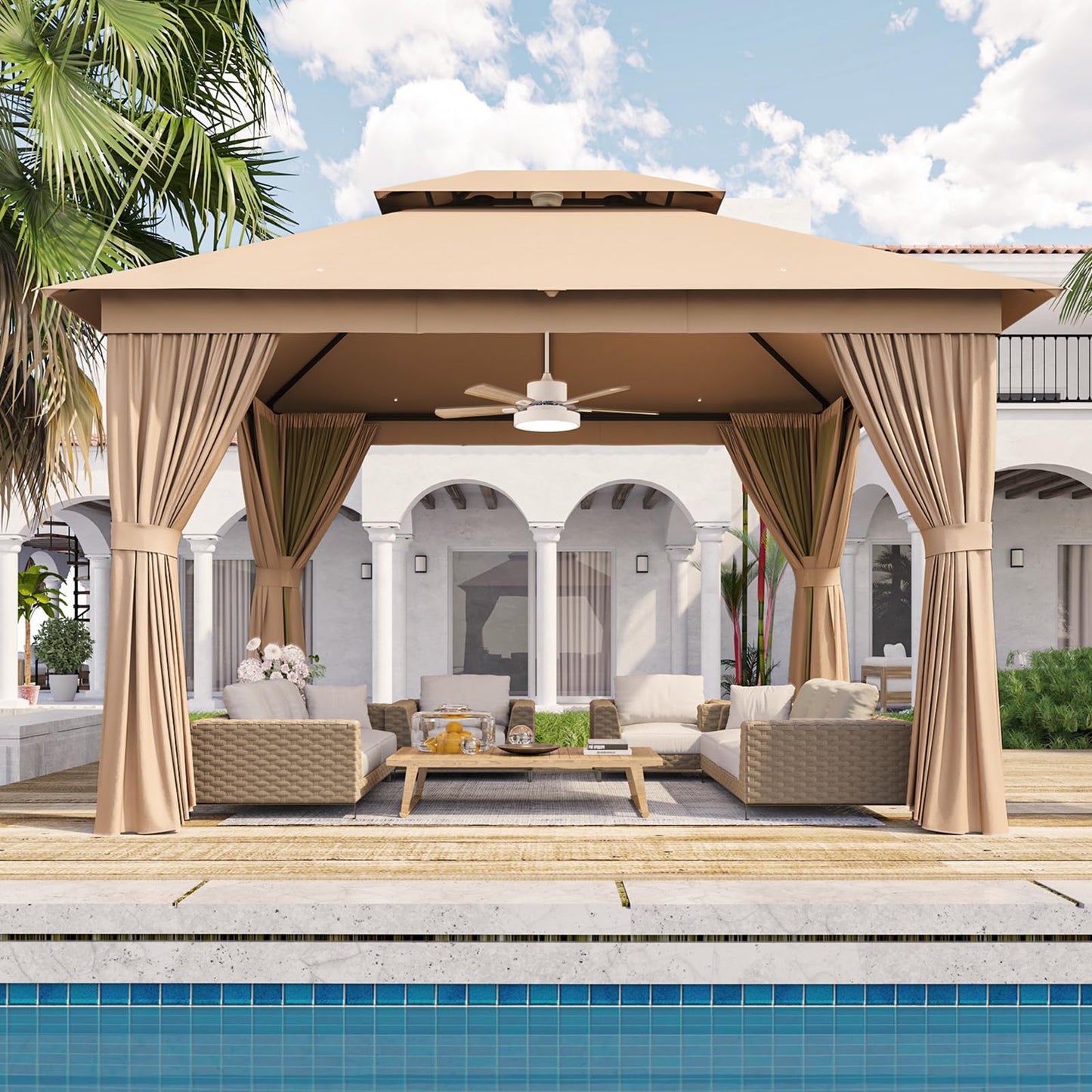 Outdoor Gazebo Metal Frame Patio Pergola Double Roofs Patio Canopy with Double-Layer Door and Mosquito Netting for Deck, Backyard, Lawn (Beige, 10x12FT)
