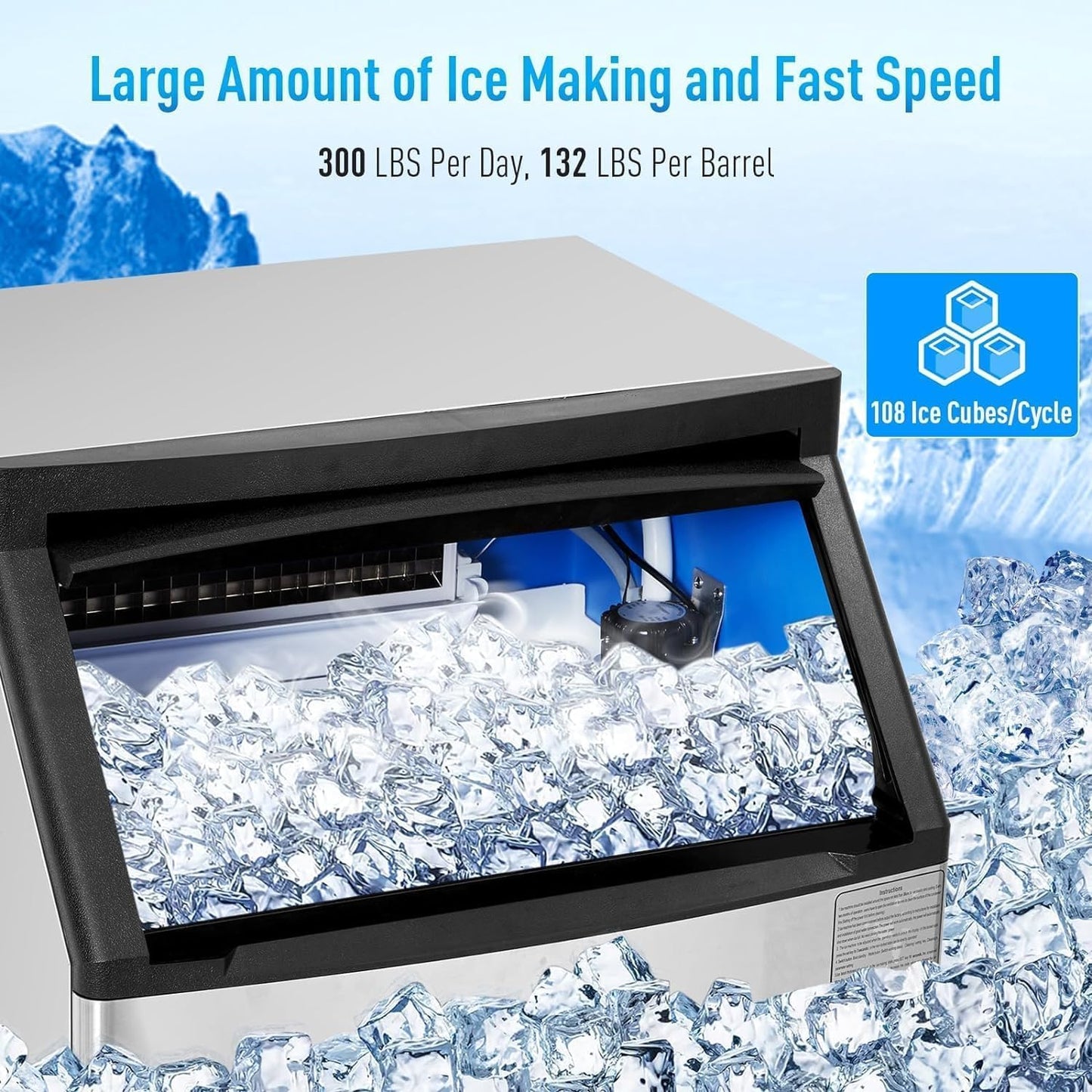 Commercial Ice Maker Machine, 260LBS/24h Stainless Steel Under Counter Ice Machine with 150LBS Ice Storage Capacity Freestanding Ice Machine