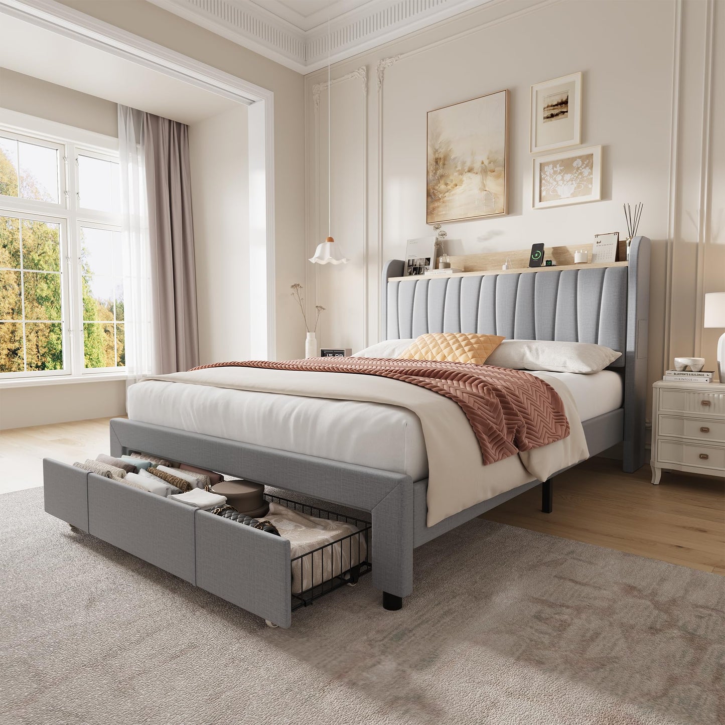 Garvee Queen Upholstered Platform Bed Frame with Storage Headboard, Drawers, Built-in Charging Station, Sturdy & Noise-Free, No Box Spring Needed, Easy Assembly, Grey