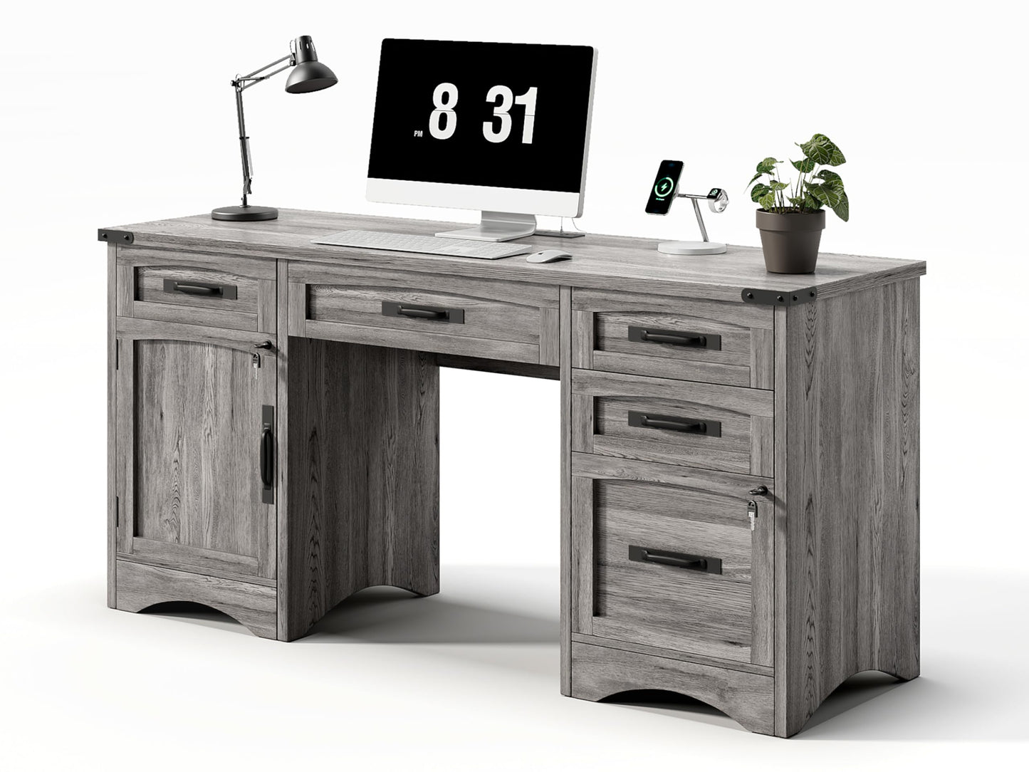 Decofy Farmhouse Executive Desk with Drawers, 55" Home Office Desks with Fast Charging Station, Lockable File Cabinet, Wood Writing Computer Desk for Work, Study, Grey