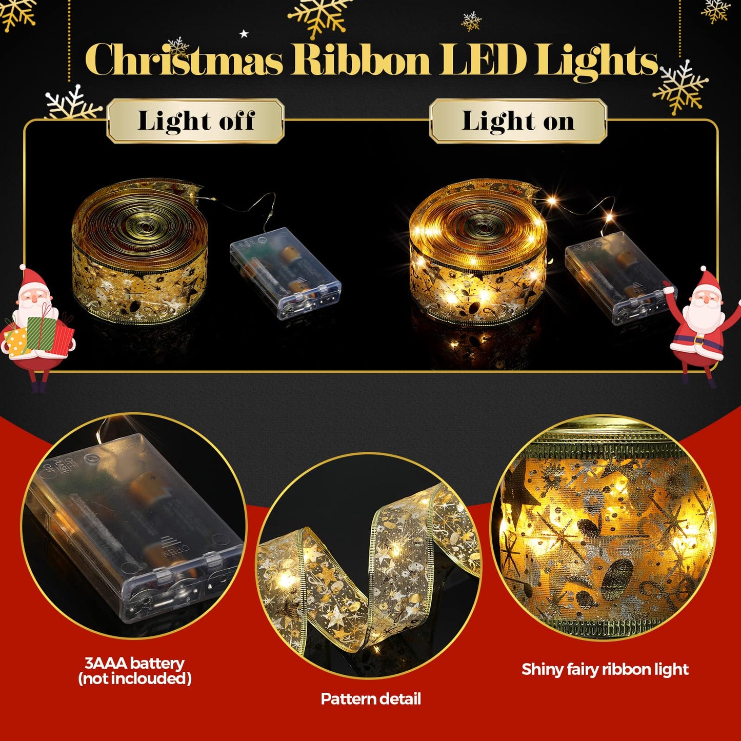 Sherr 79ft Christmas Ribbon Lights, 240 LED Fairy Lights, Battery Operated, Gold, Model SH-79FT-240-G-HD