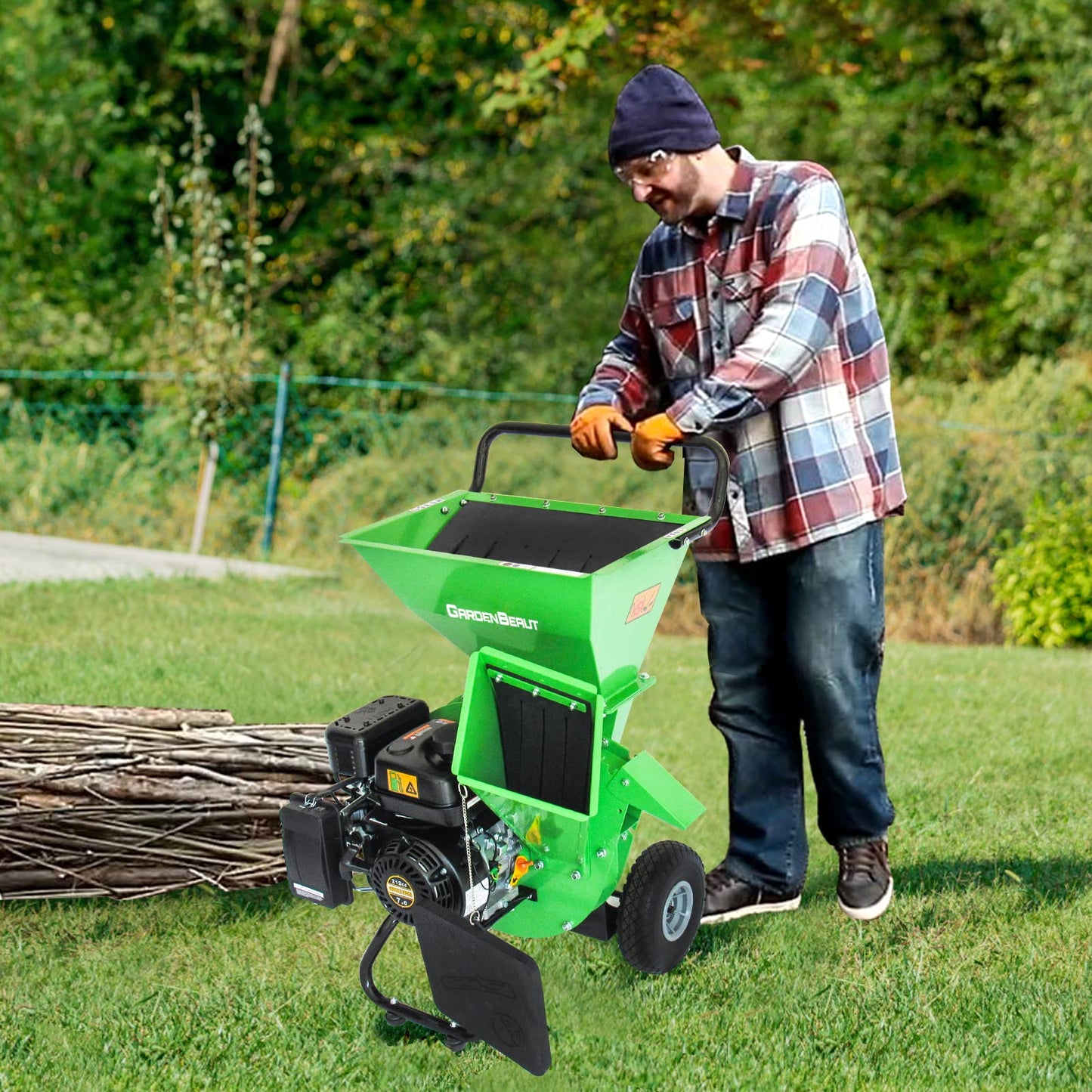 GARDENBEAUT 3 in 1 Wood Chipper Shredder Mulcher MF30, 7HP 212cc Heavy Duty Gas Powered, Max 3" Diameter Capacity for Wood, Limb, Leaves with Two Hoppers,4 Y-Hammers, Included Debris Bag