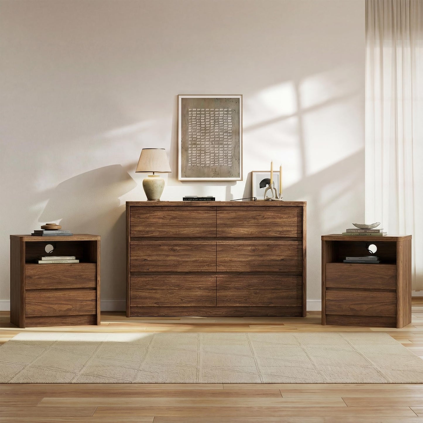 Now Mais 6 Drawer Walnut Dresser for Bedroom, 47.2" Wide Modern Chest of Drawers with 6 Large Storage Space with Curved Edge Design, Large Dresser for Bedroom,Walnut