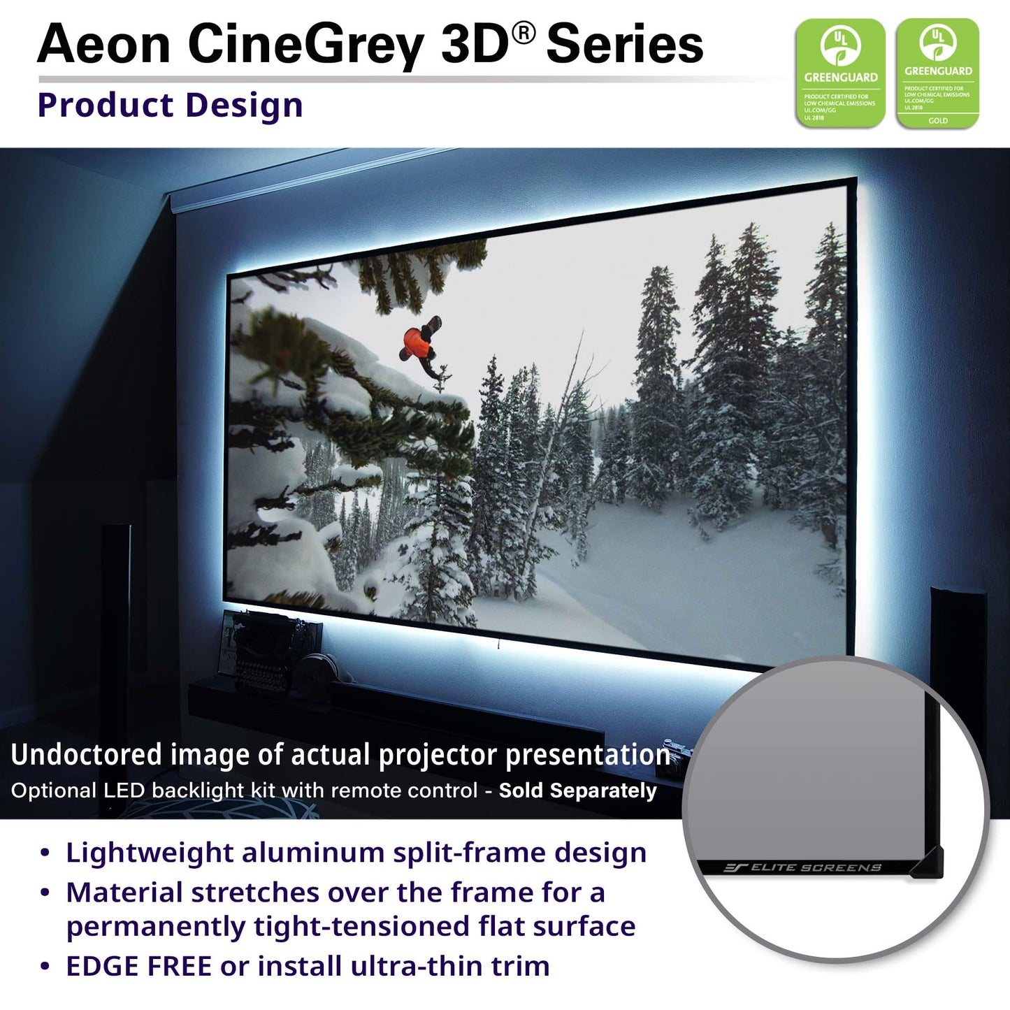 Elite Screens 158 inch CLR/ALR Projector Screen 16:9 4K, Standard Throw Projection, Edge Free Ambient Light Rejecting Grey for Indoor Movie Screen Home Theater - Aeon CineGrey 3D- AR158DHD3