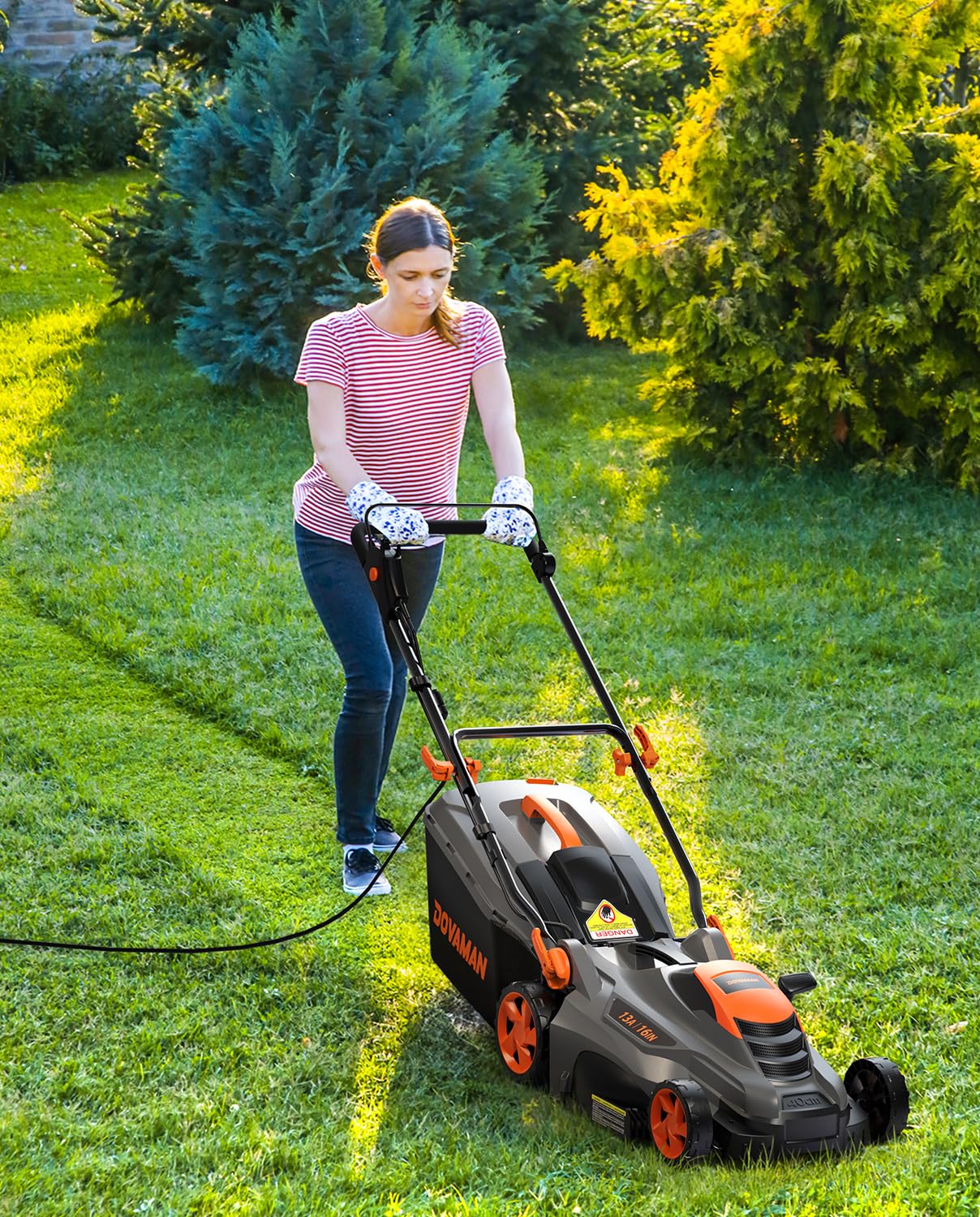 DOVAMAN 13Amp 16" Lawn Mower, 98% Collection, 13.2-Gallon Bag, 5-Position Height Adjustment, 3-Step Quick Vertical Fold Storage, 2-in-1 Mulching & Bagging, Corded Lawn Mower for Your Garden