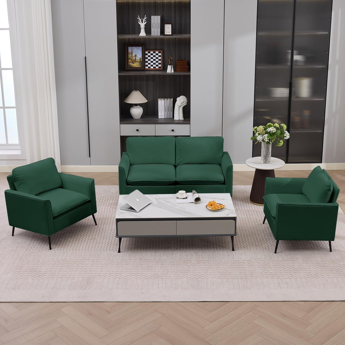 KEIKI Faux Leather Sofa Couch, Living Room Furniture Sectional Sofa Sets of 3 Pcs, Mid Century Modern Decor Sofa Couches, Loveseat & Accent Chair for Small Space, Apartment, Office, Green