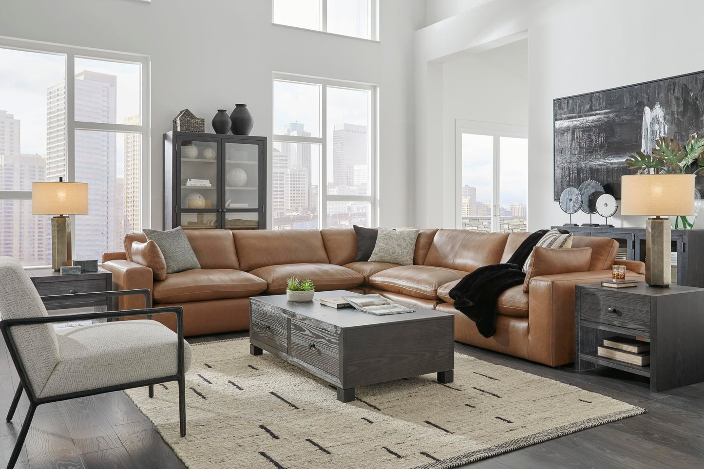 Signature Design by Ashley Emilia Modern Modular Leather Match 5-Piece Sectional with Loose Back Cushions and 2 Bolster Pillows, Light Brown